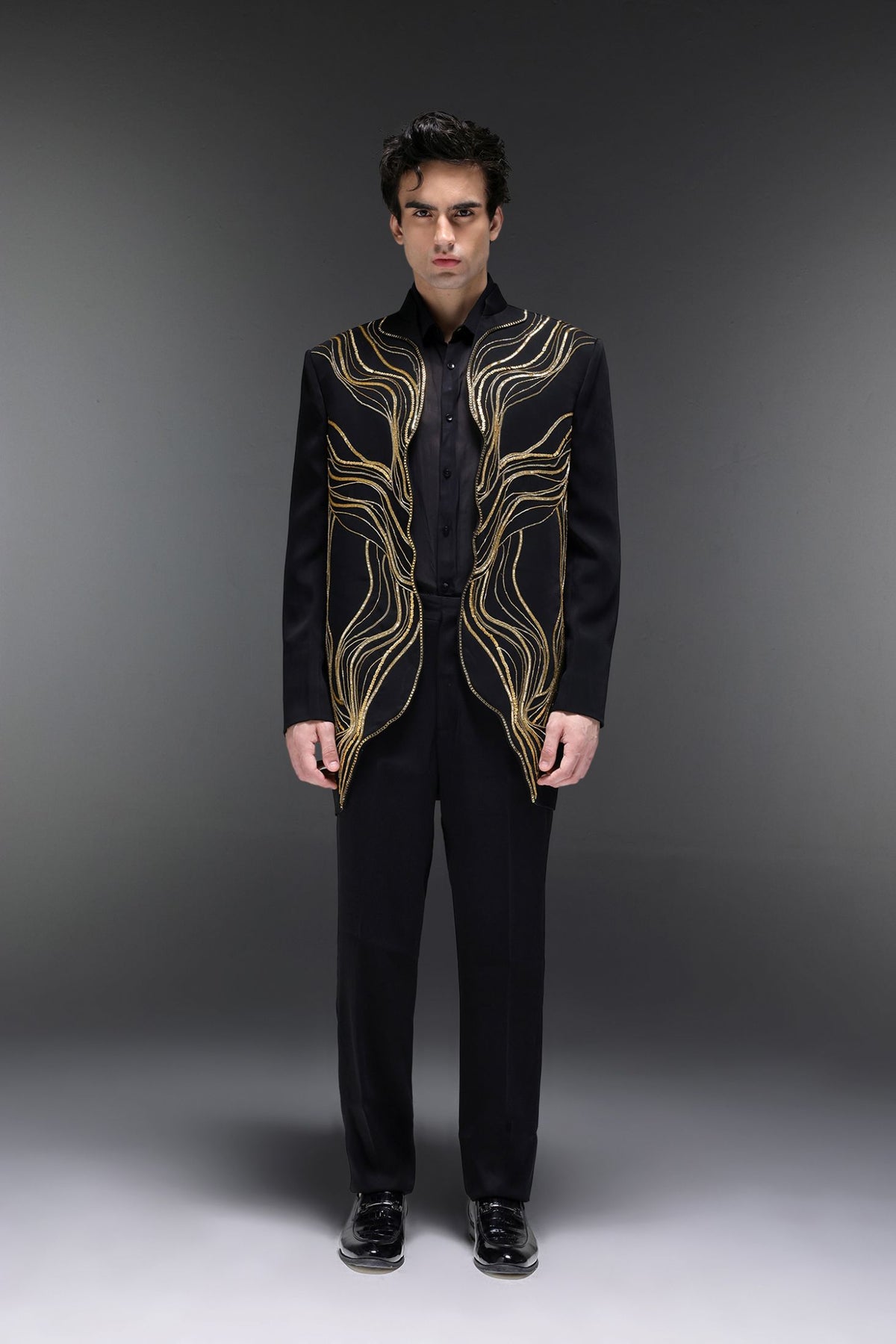 Goldline - Hand Embroidered Jacket With Organza Shirt - Black