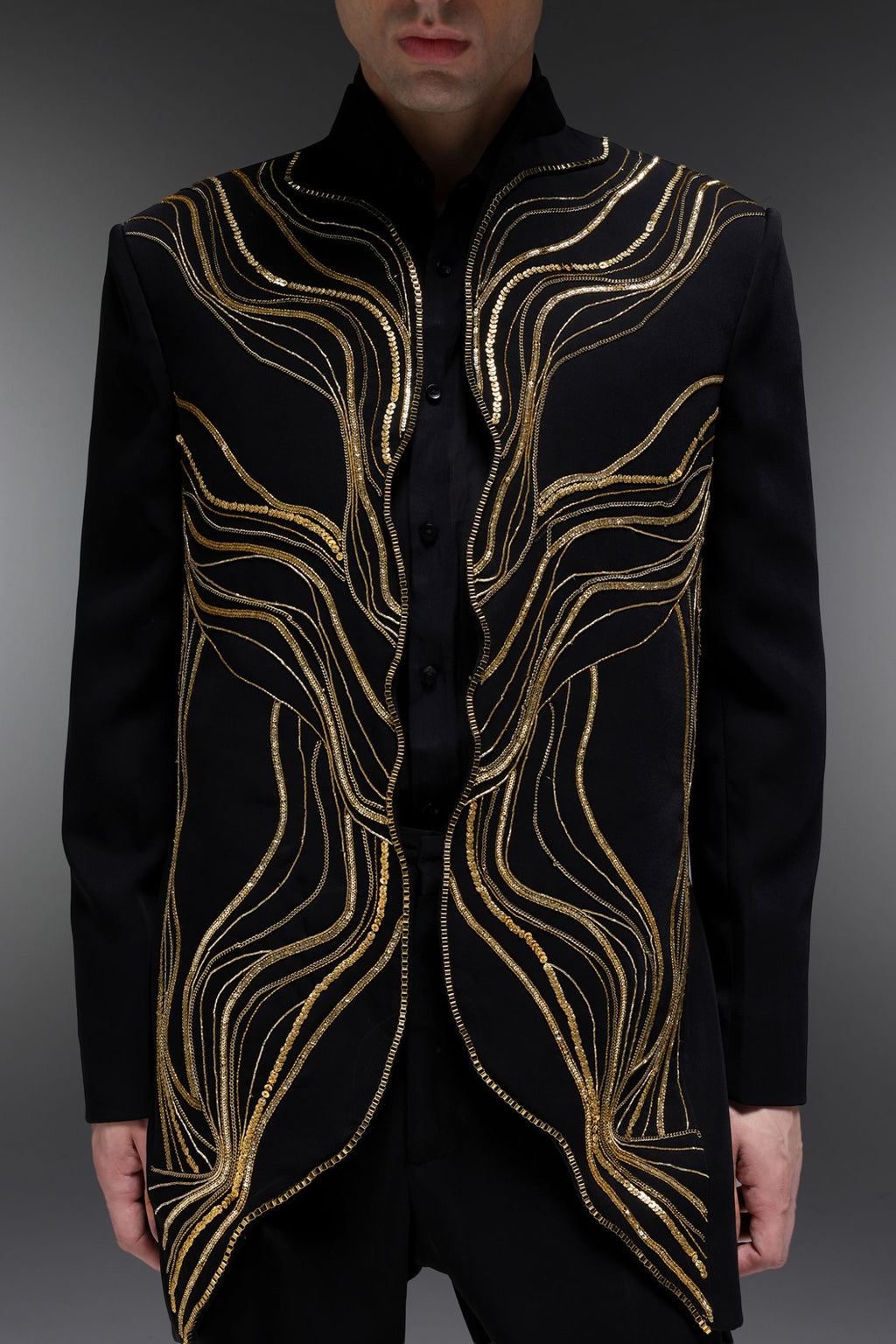 Goldline - Hand Embroidered Jacket With Organza Shirt - Black