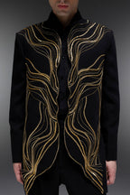 Goldline - Hand Embroidered Jacket With Organza Shirt - Black