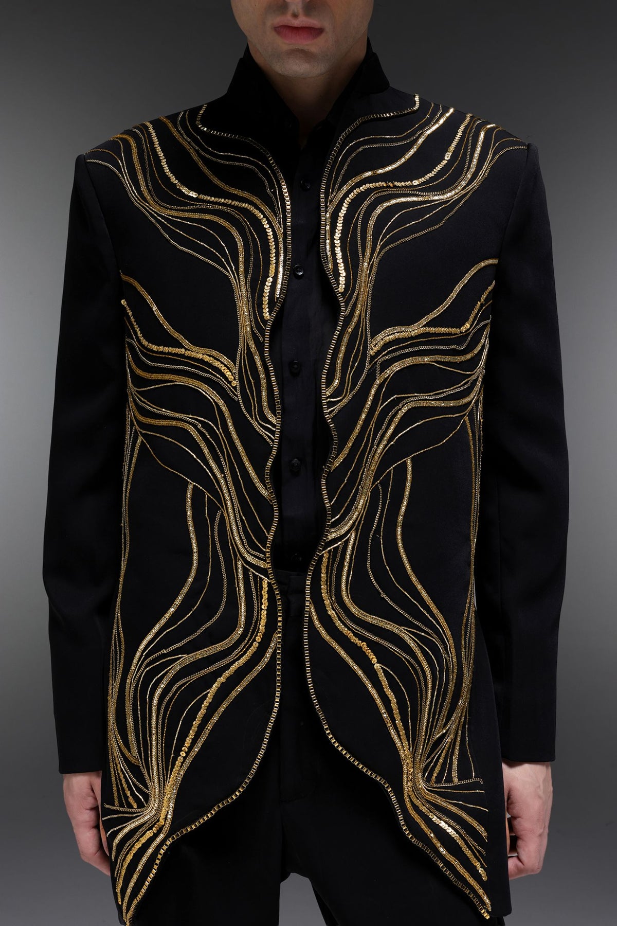 Goldline - Hand Embroidered Jacket With Organza Shirt - Black