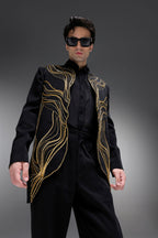 Goldline - Hand Embroidered Jacket With Organza Shirt - Black