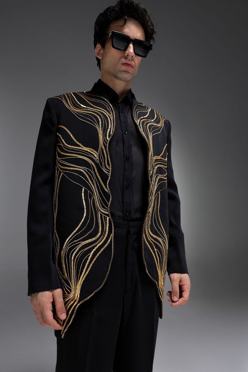 Goldline - Hand Embroidered Jacket With Organza Shirt - Black