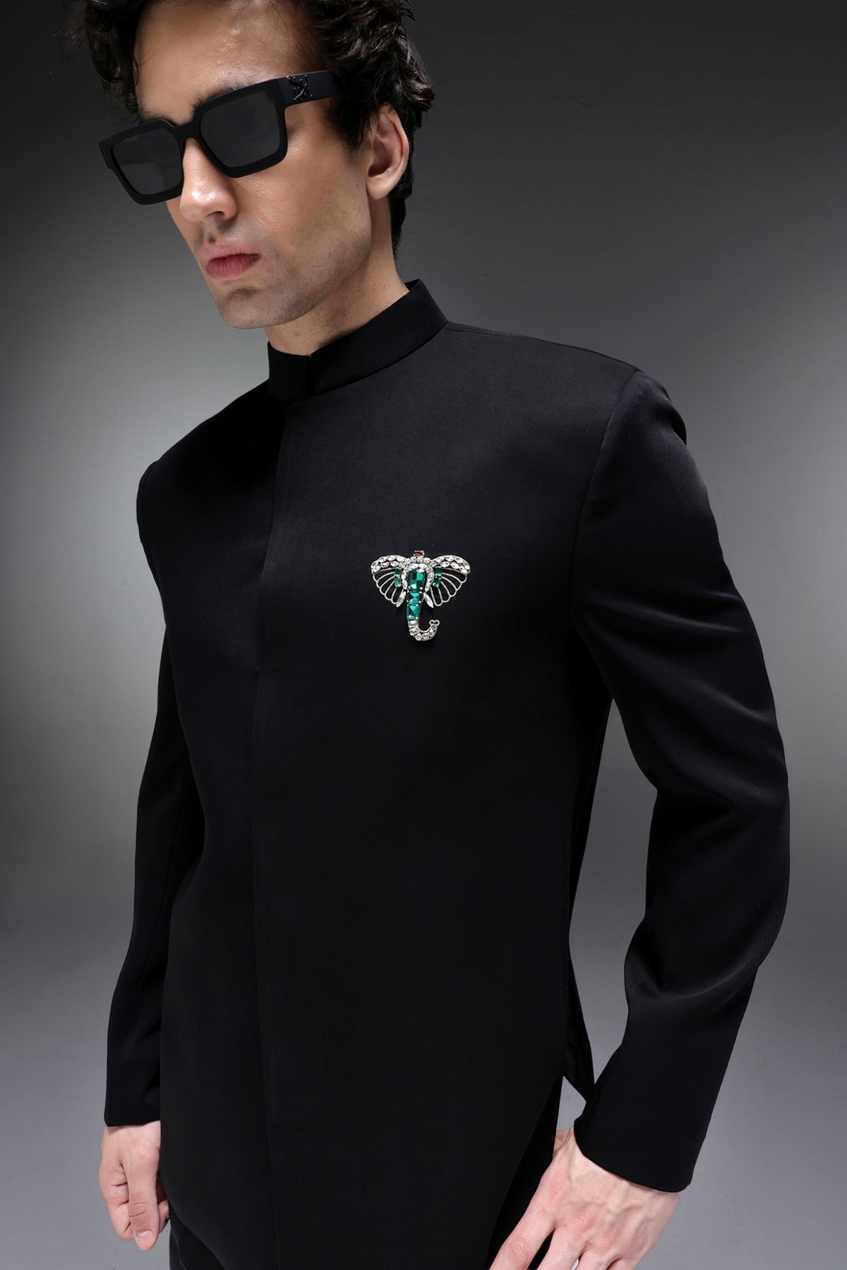 Tusk(Elephant) - Hand Embroidered Bandhgala - Black