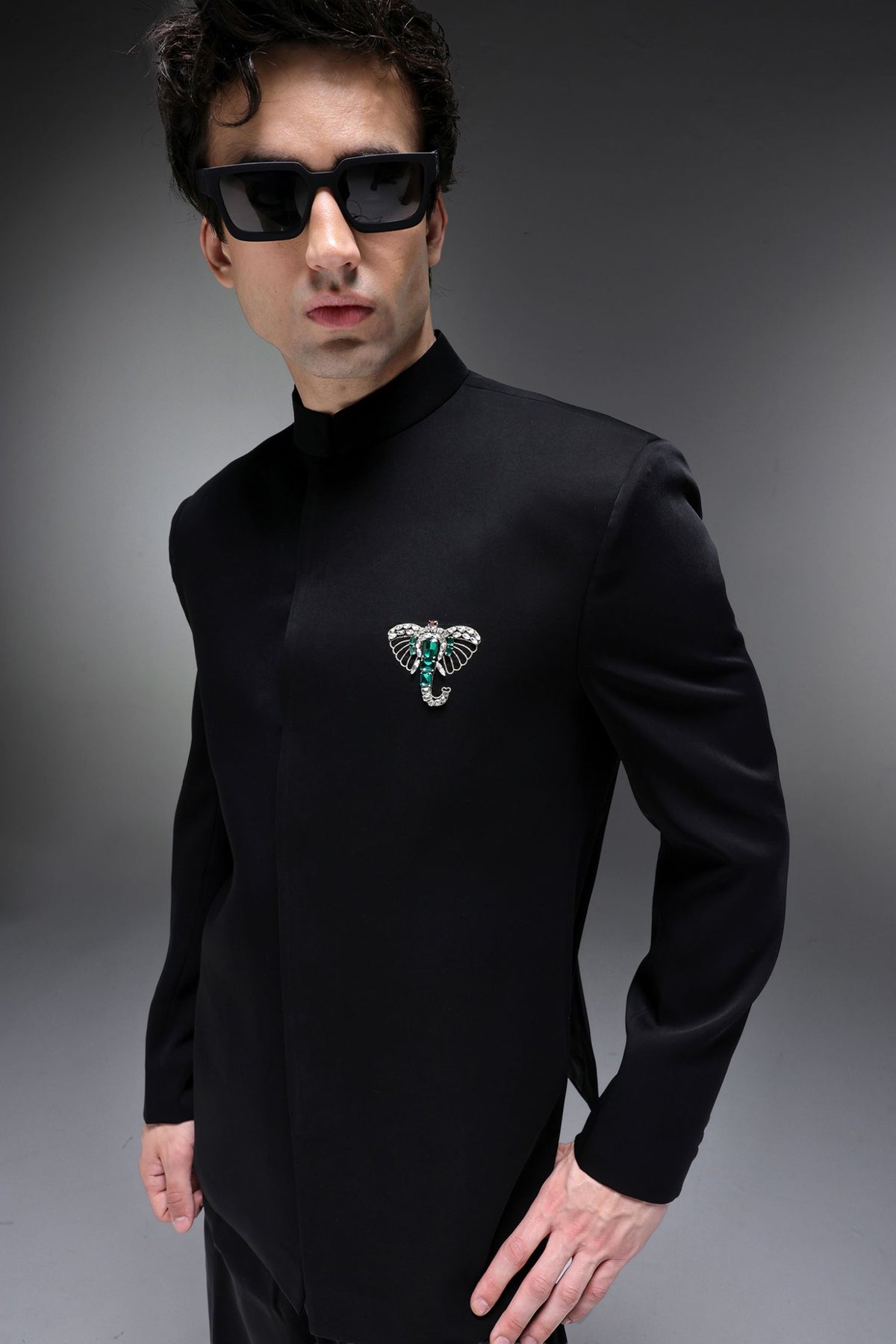 Tusk(Elephant) - Hand Embroidered Bandhgala - Black