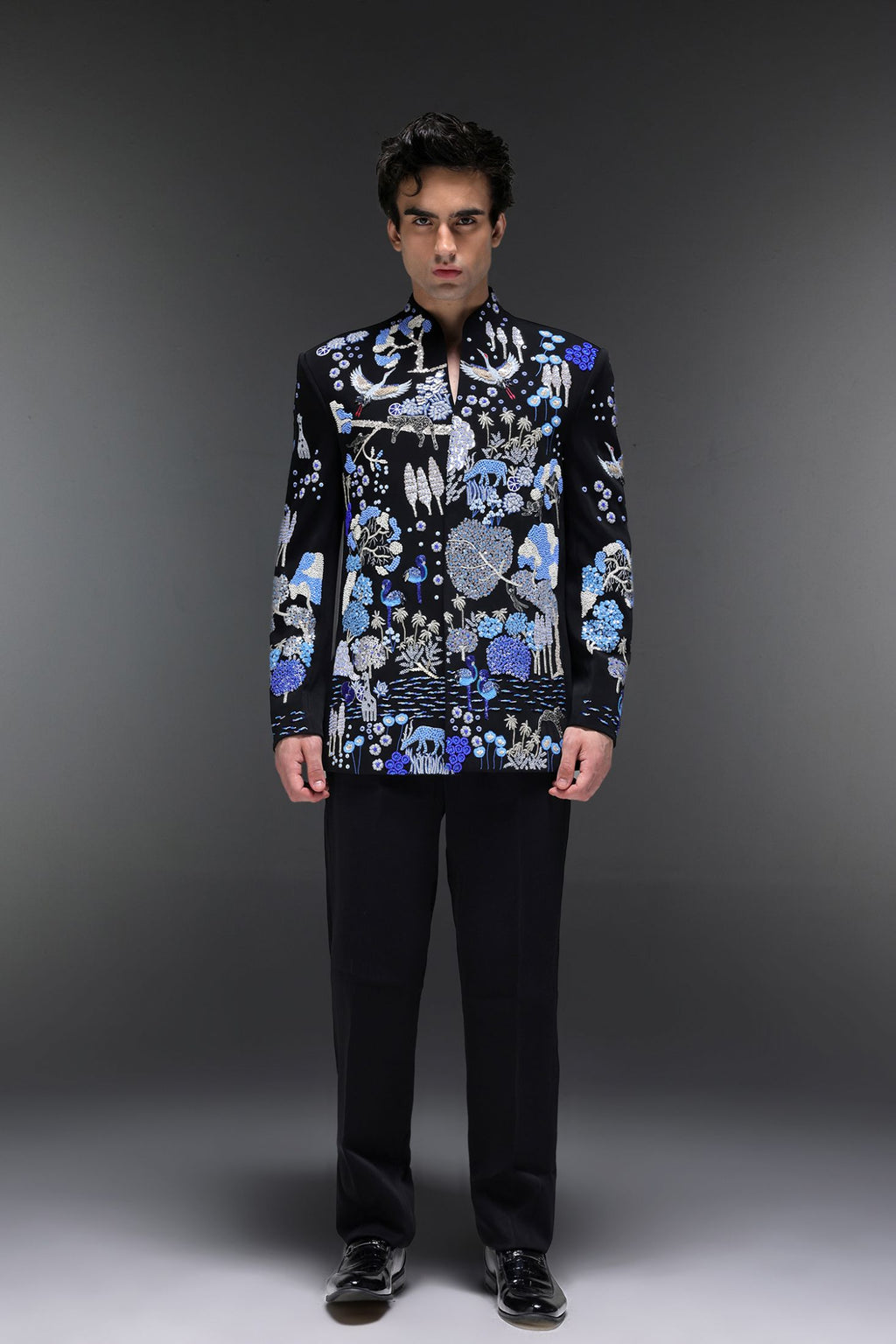 Jungle Paradise - Hand Embroidered Bandhgala - Black