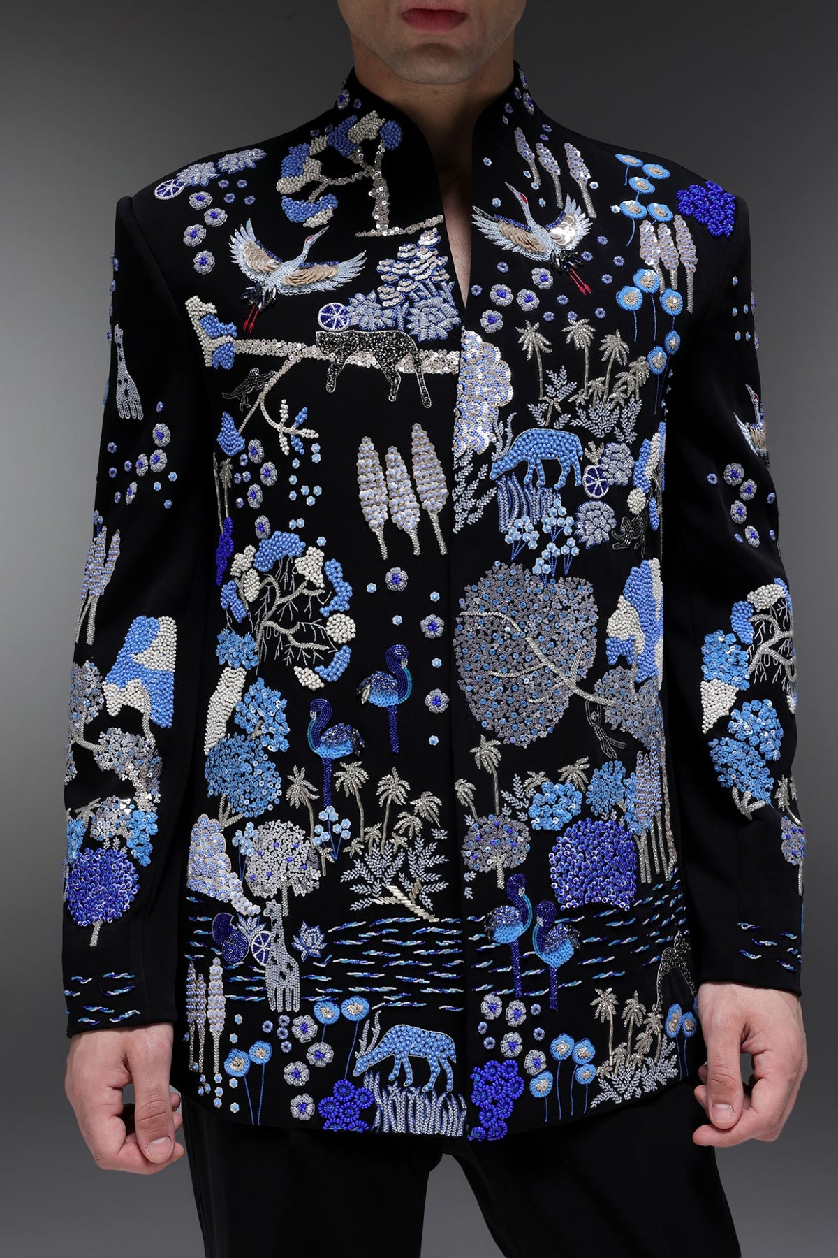 Jungle Paradise - Hand Embroidered Bandhgala - Black