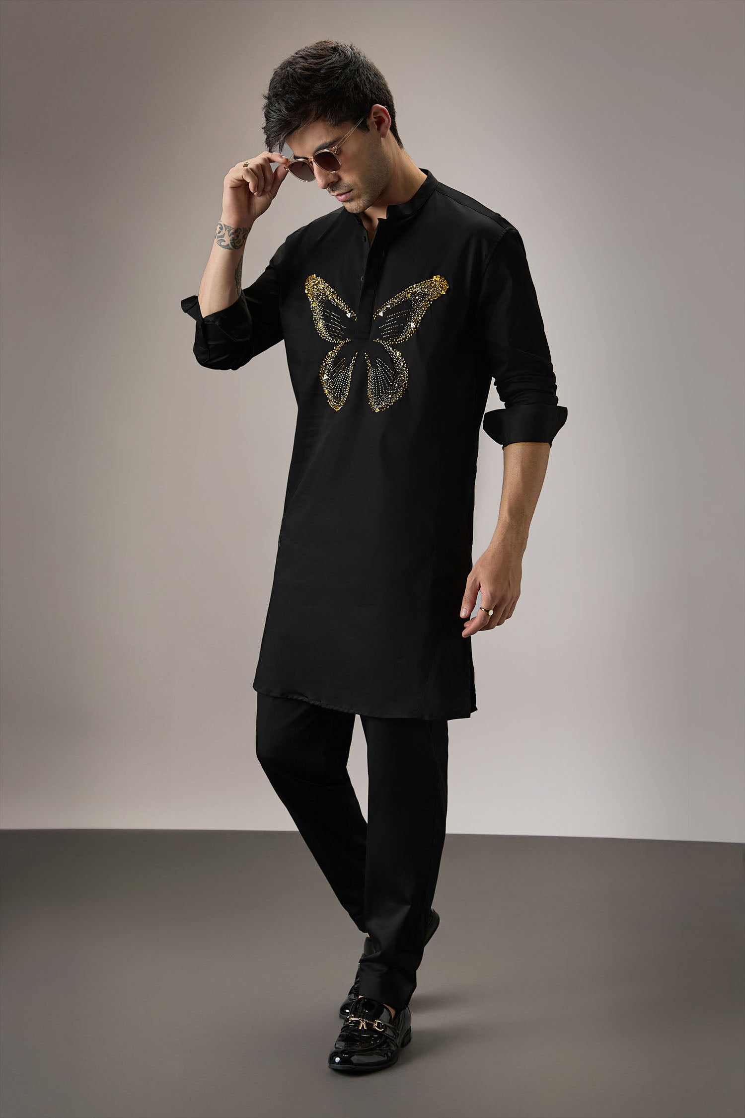 Butterfly - Hand Embroidered Designer Kurta - Black