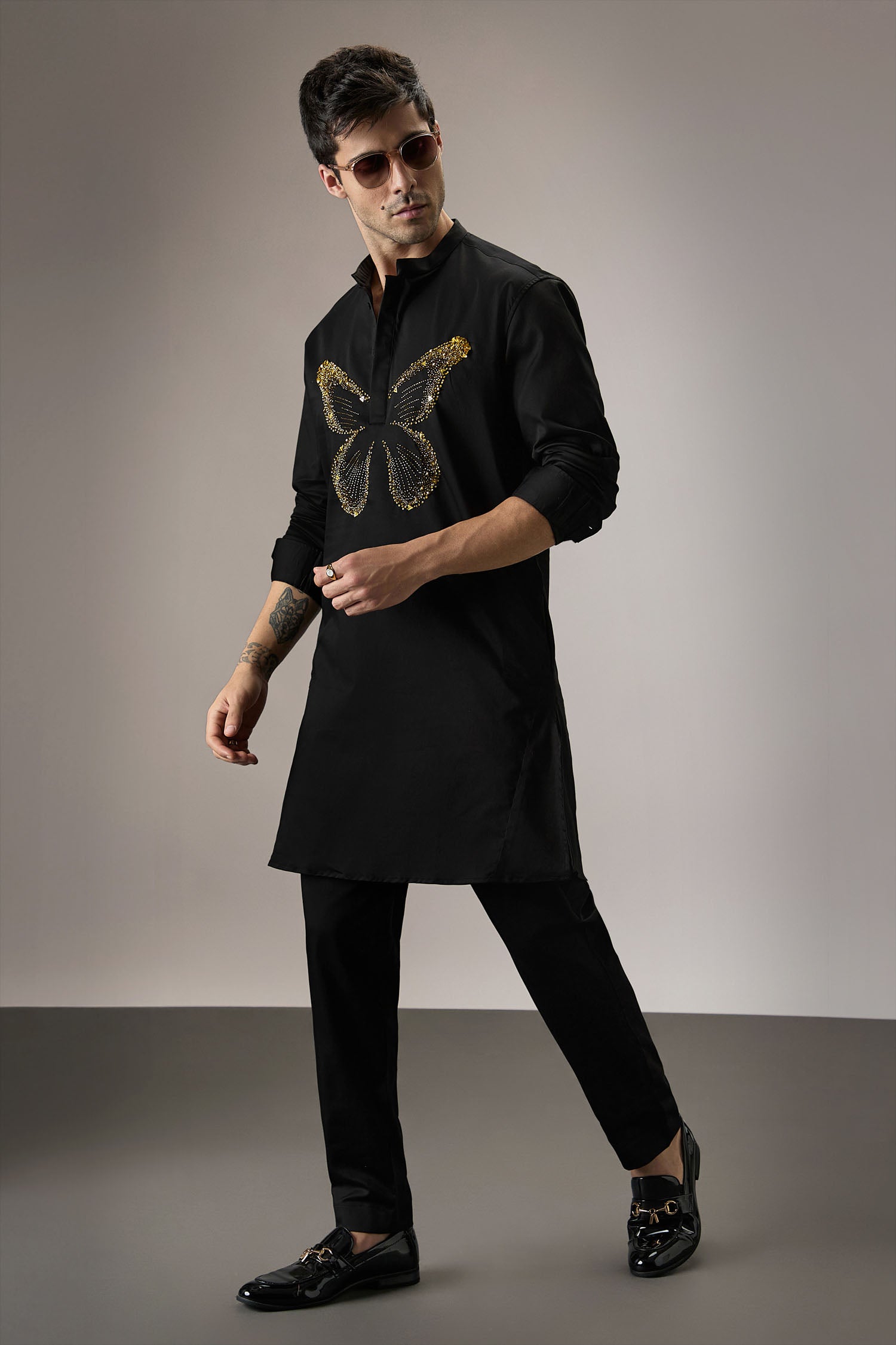 Butterfly - Hand Embroidered Designer Kurta - Black