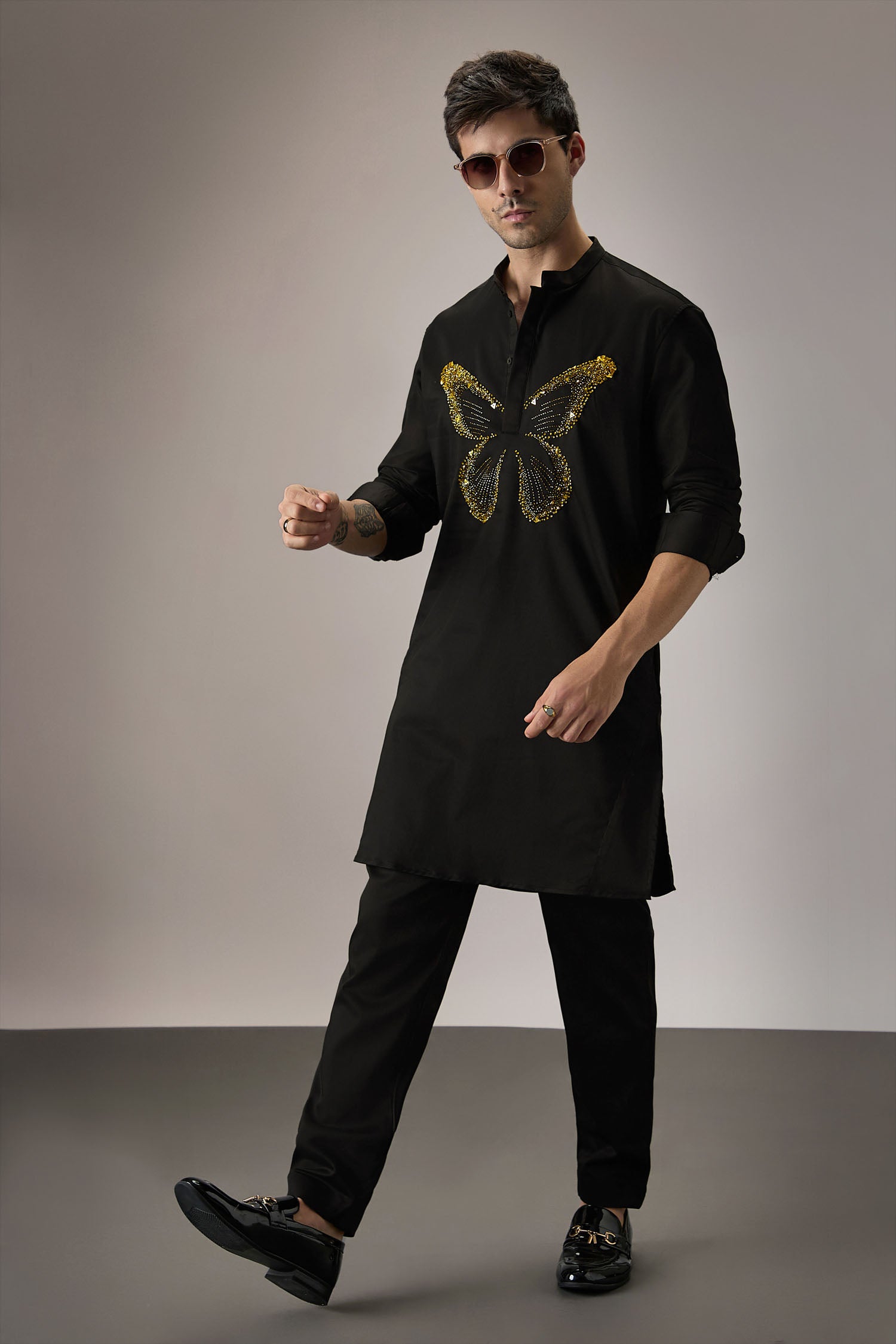 Butterfly - Hand Embroidered Designer Kurta - Black
