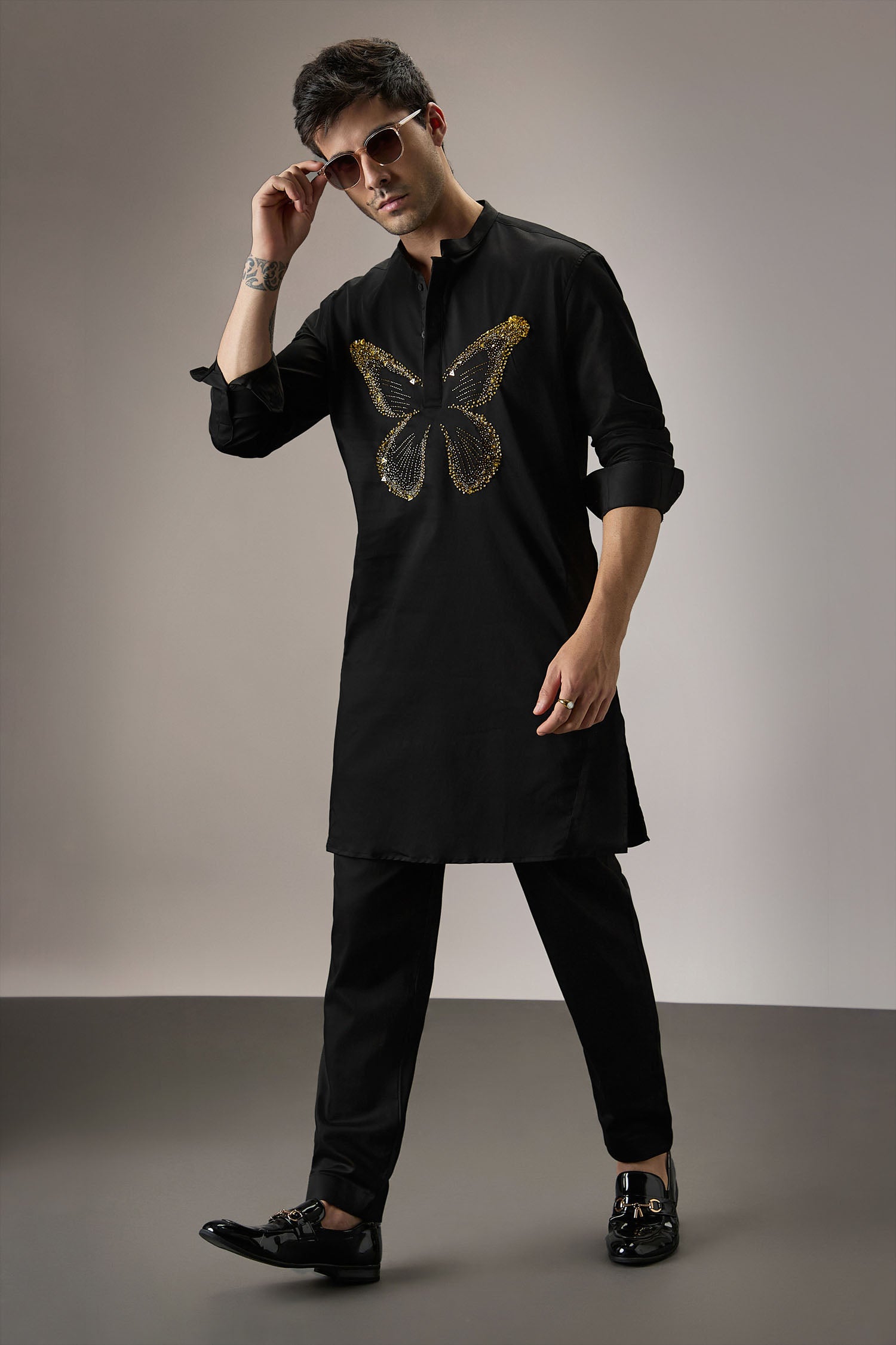 Butterfly - Hand Embroidered Designer Kurta - Black