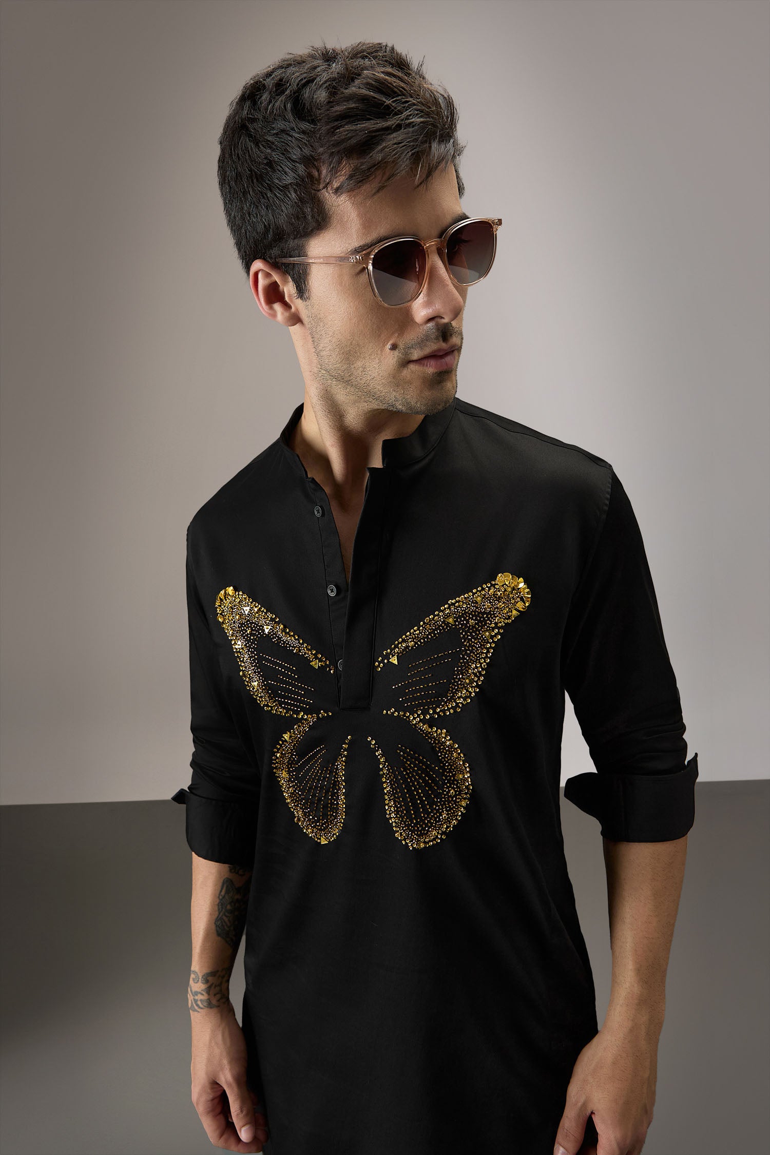 Butterfly - Hand Embroidered Designer Kurta - Black