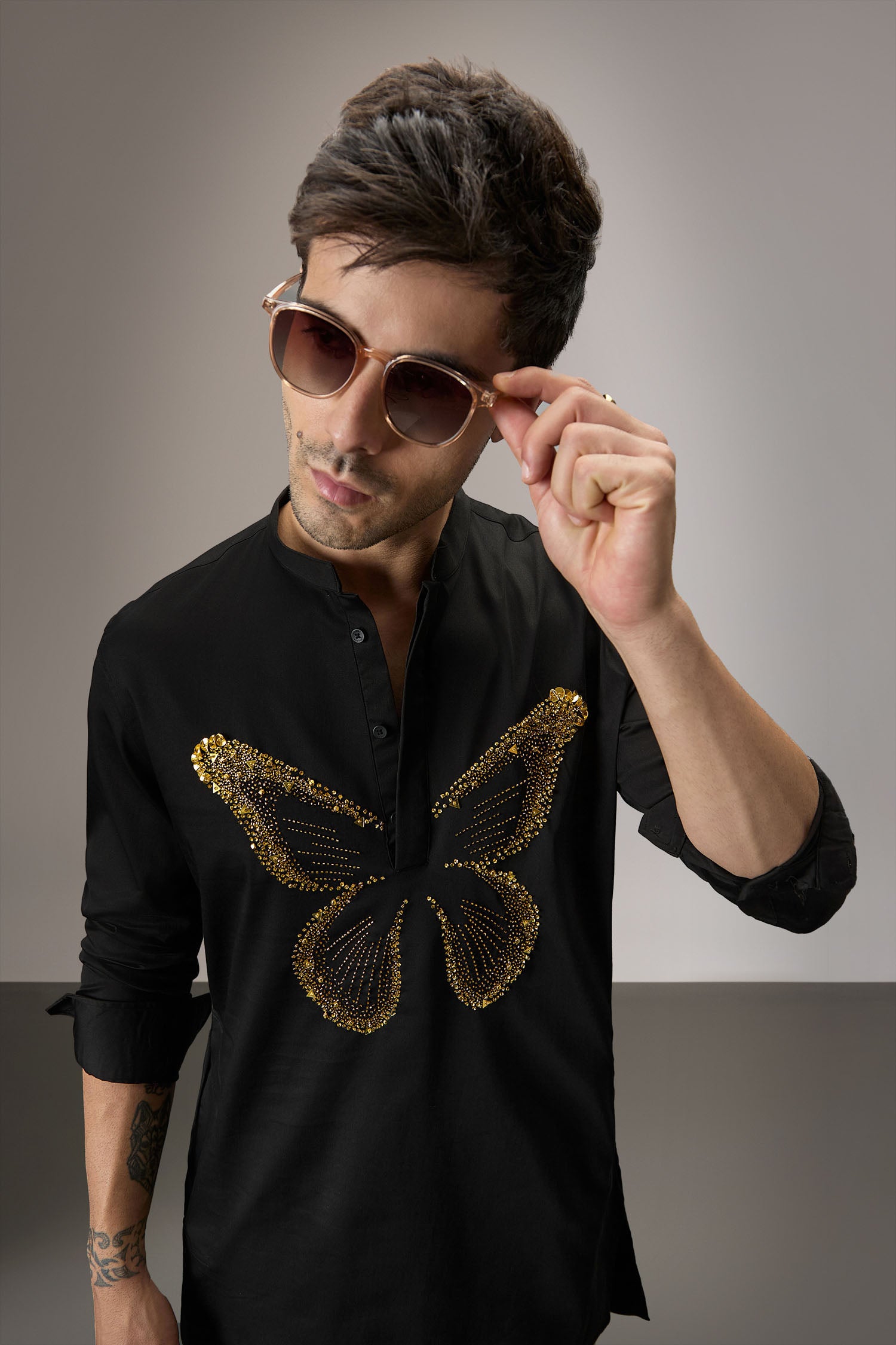 Butterfly - Hand Embroidered Designer Kurta - Black