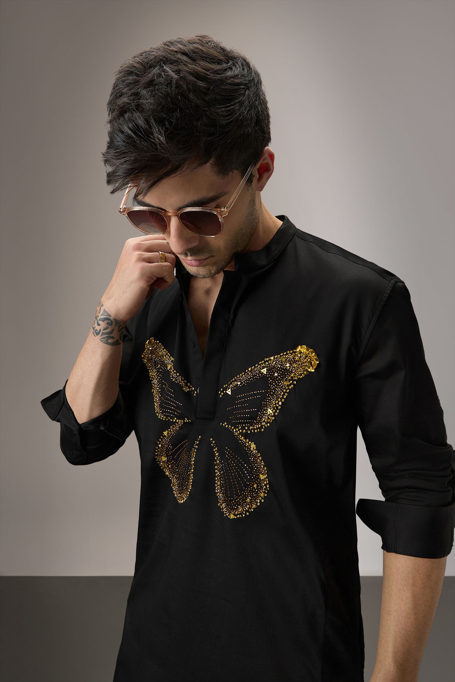 Butterfly - Hand Embroidered Designer Kurta - Black