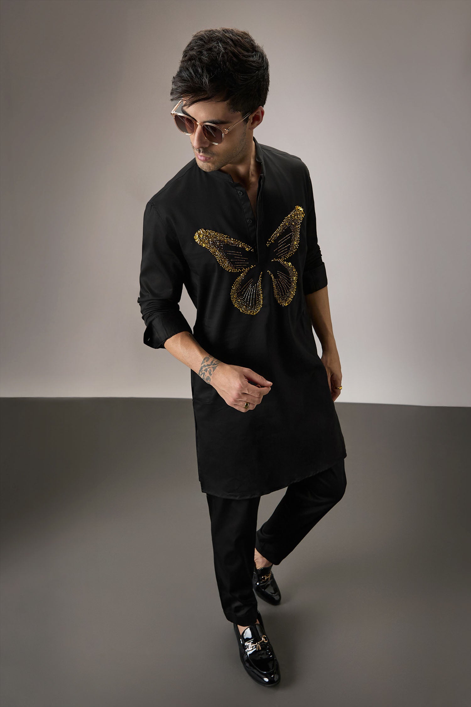 Butterfly - Hand Embroidered Designer Kurta - Black