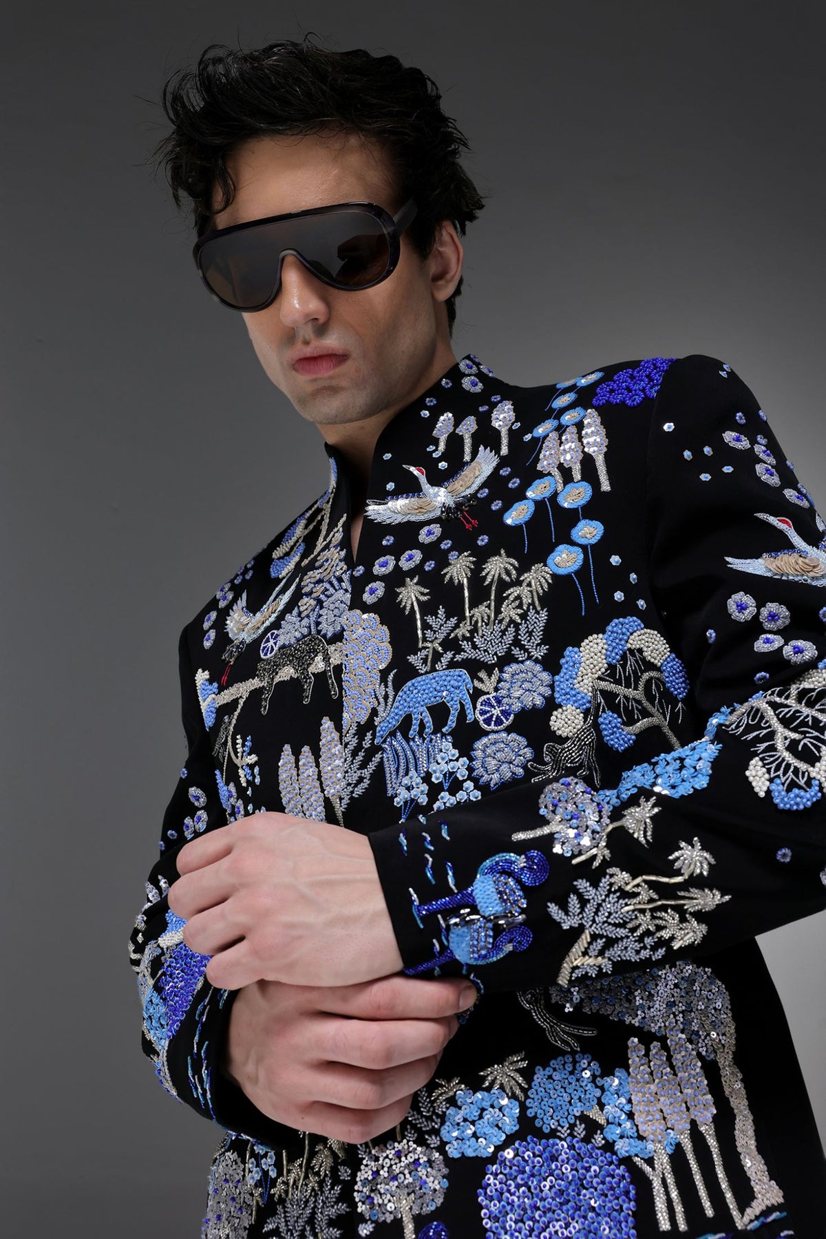 Jungle Paradise - Hand Embroidered Bandhgala - Black