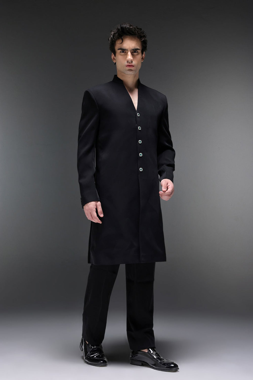Solitare(Rhinestones) (SRK) - Hand Embroidered Bandhgala - Black