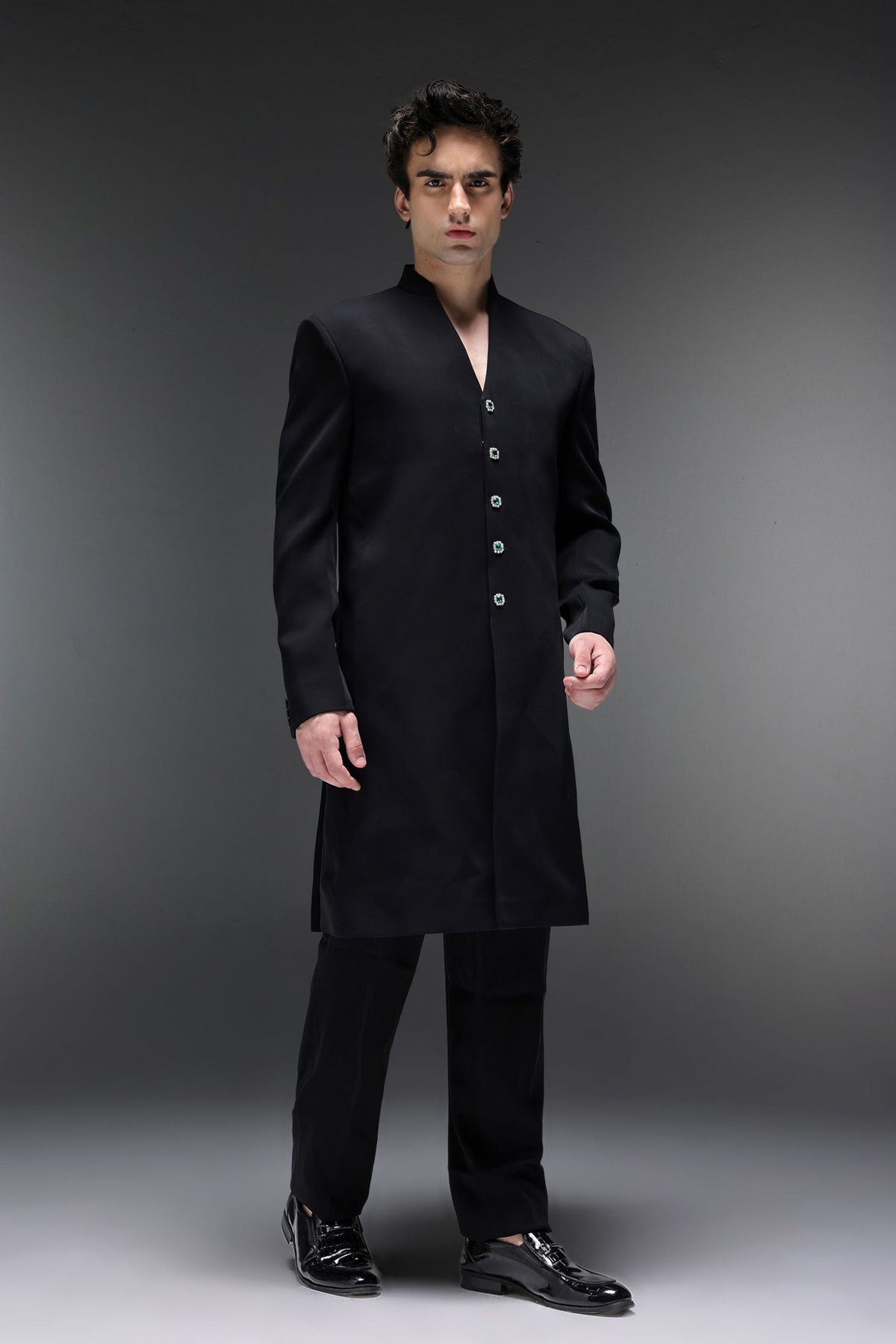 Solitare(Rhinestones) (SRK) - Hand Embroidered Bandhgala - Black