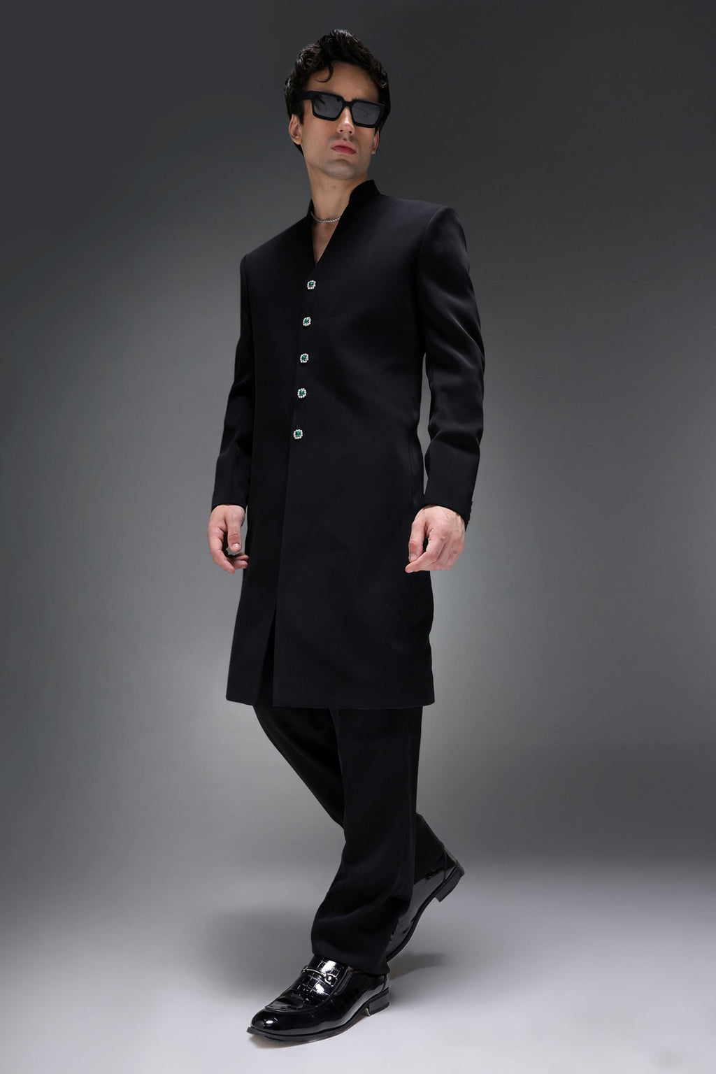 Solitare(Rhinestones) (SRK) - Hand Embroidered Bandhgala - Black