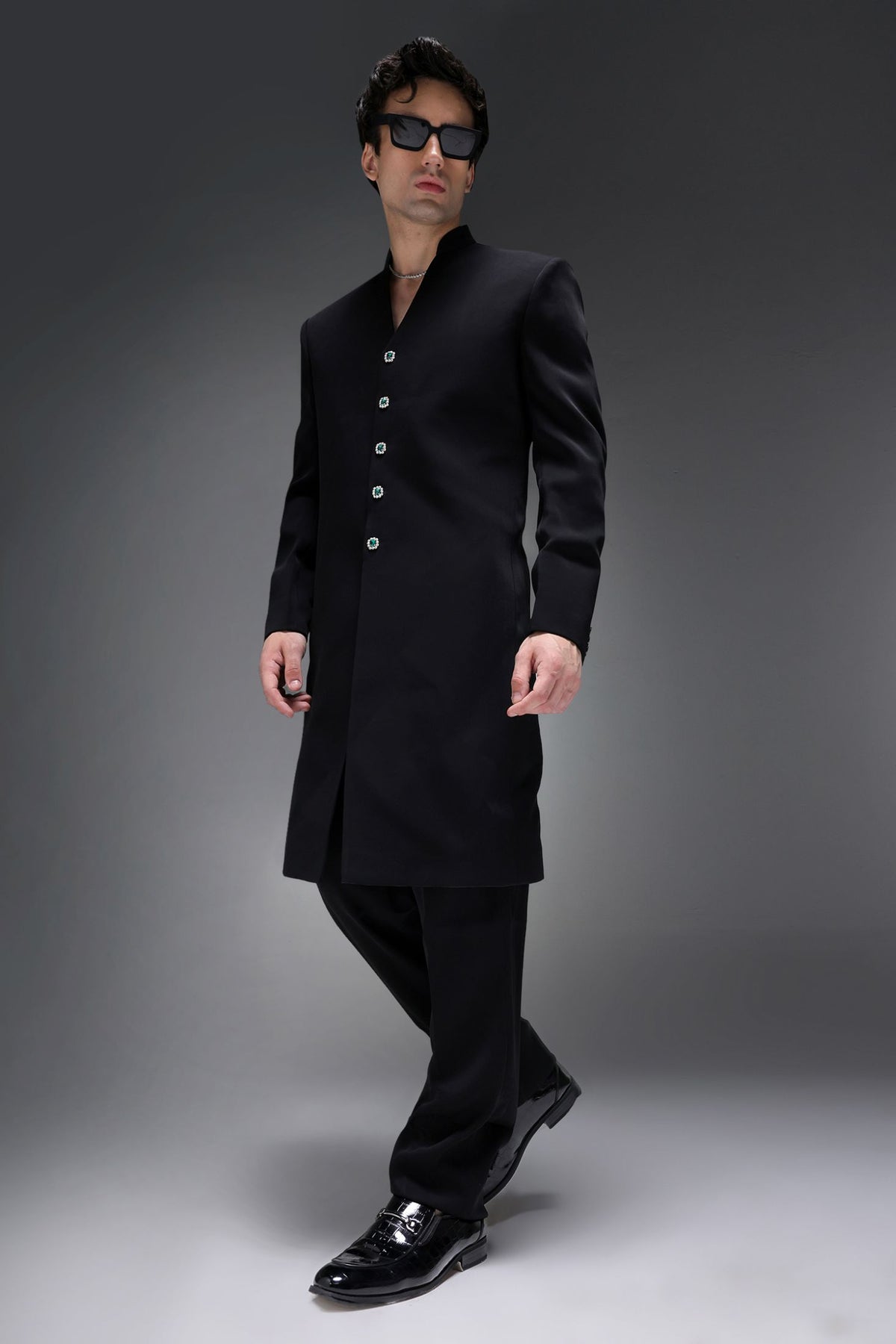 Solitare(Rhinestones) (SRK) - Hand Embroidered Bandhgala - Black