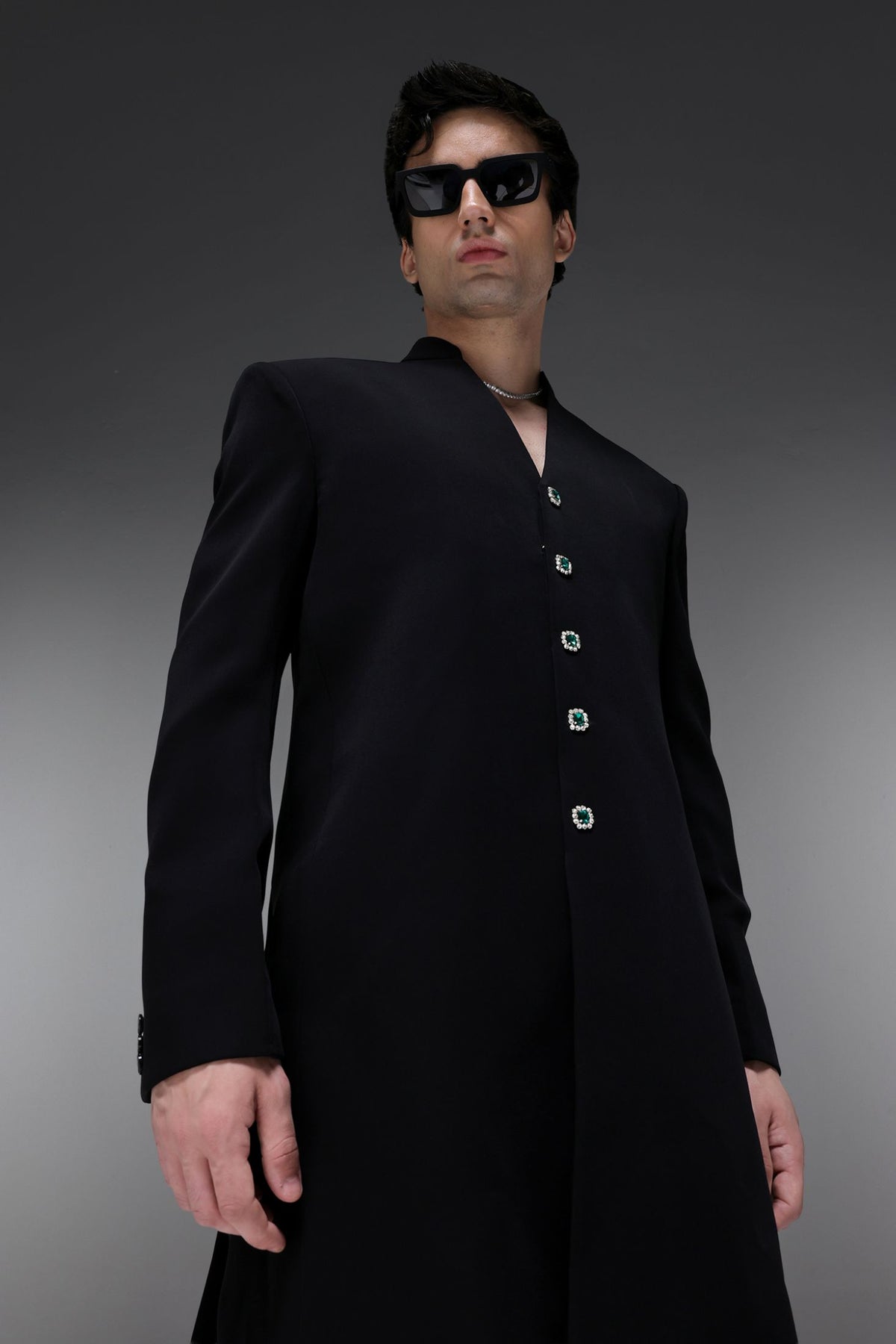 Solitare(Rhinestones) (SRK) - Hand Embroidered Bandhgala - Black
