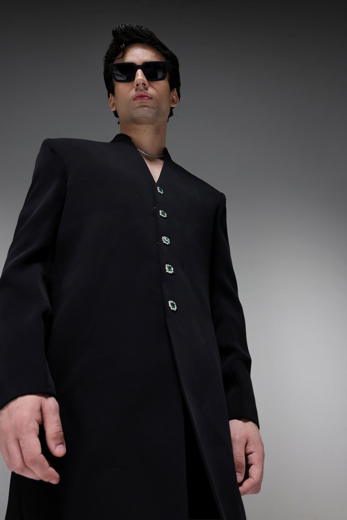 Solitare(Rhinestones) (SRK) - Hand Embroidered Bandhgala - Black
