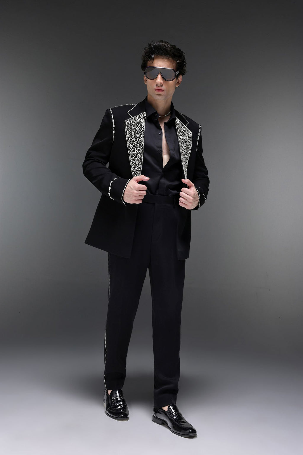 Glint(Rhinestones) - Hand Embroidered Designer Tuxedo - Black