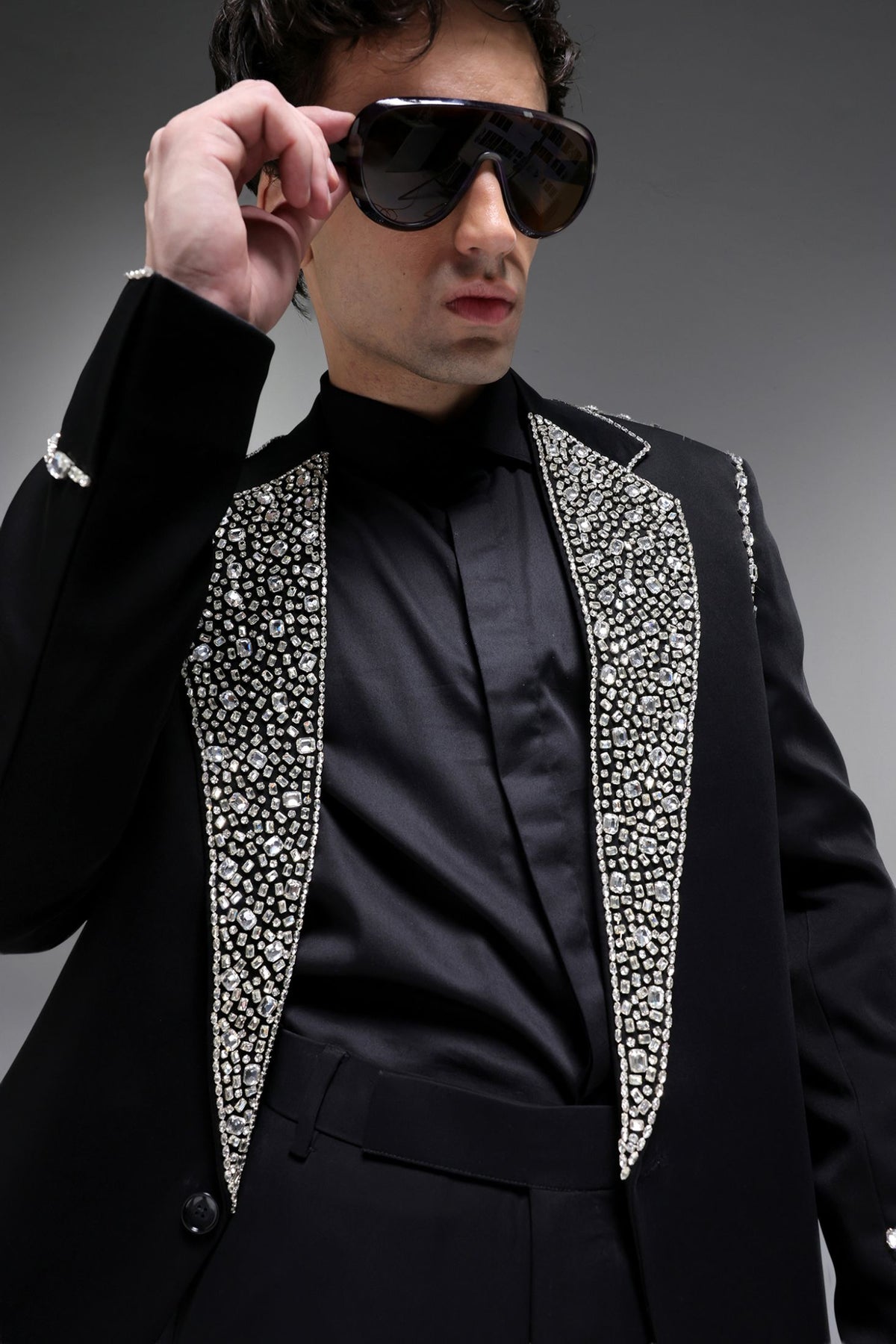 Glint(Rhinestones) - Hand Embroidered Designer Tuxedo - Black