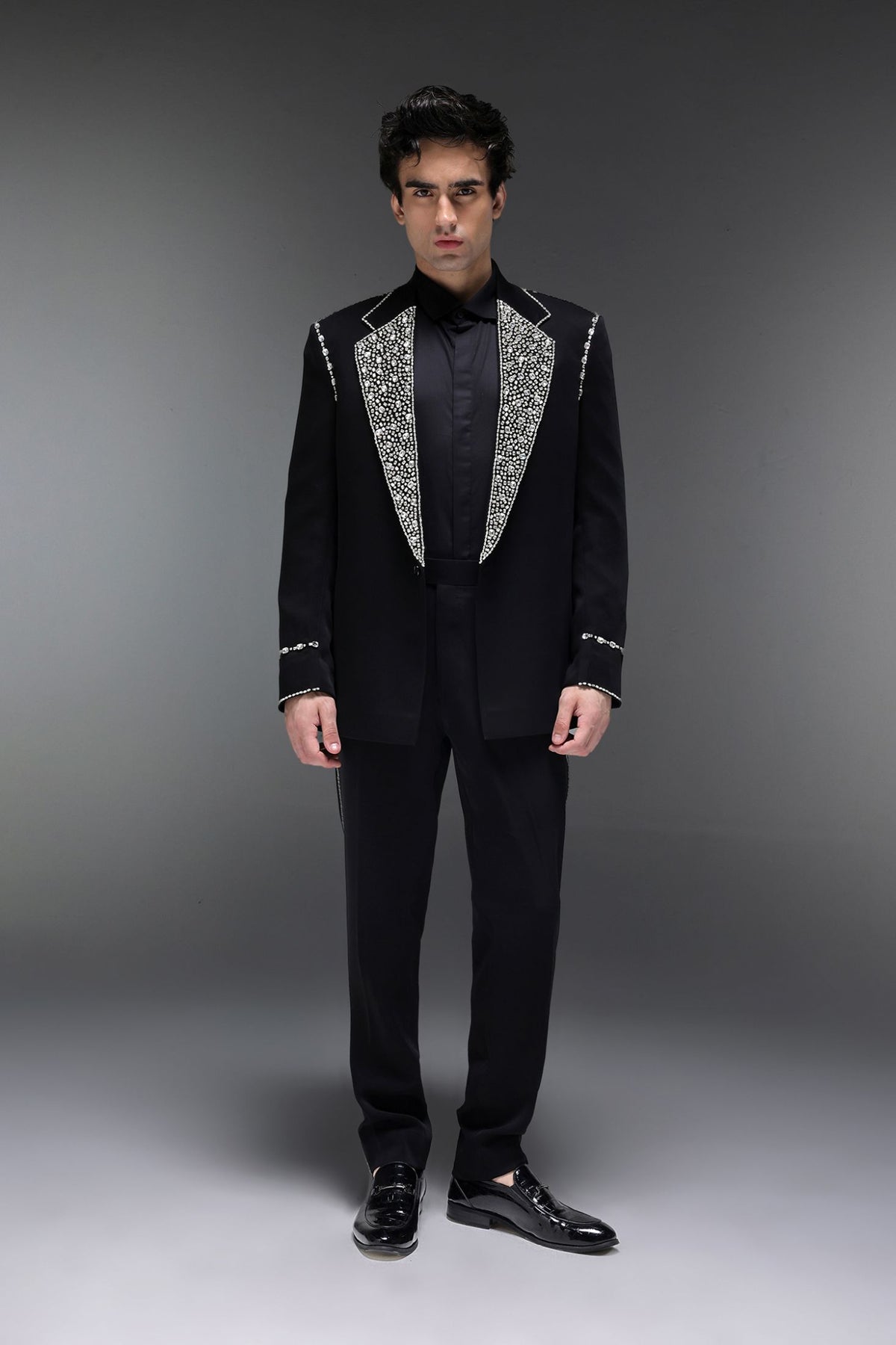 Glint(Rhinestones) - Hand Embroidered Designer Tuxedo - Black