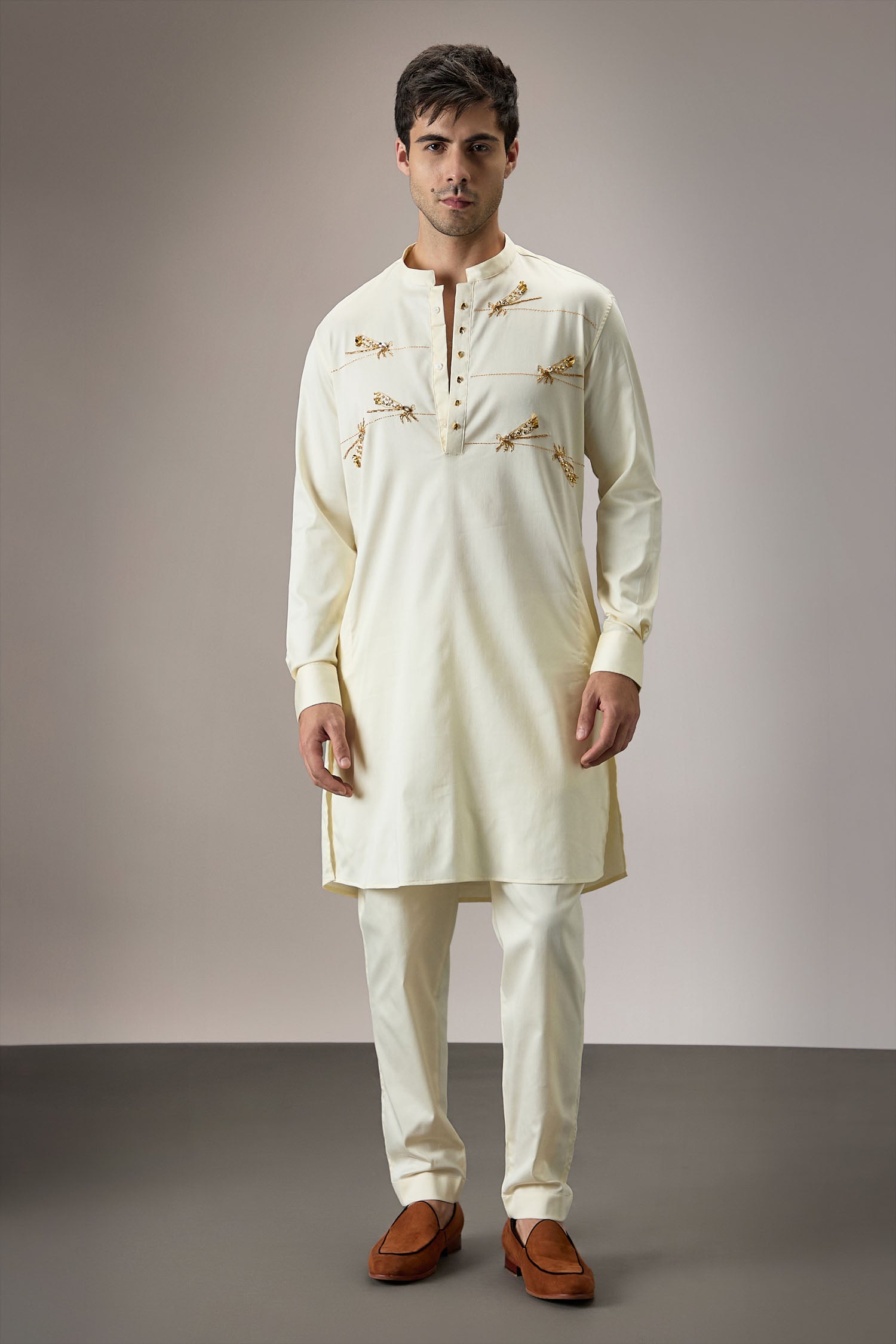 Dameslfly (Dragonfly)-Hand Embroidered Designer Kurta -Ivory