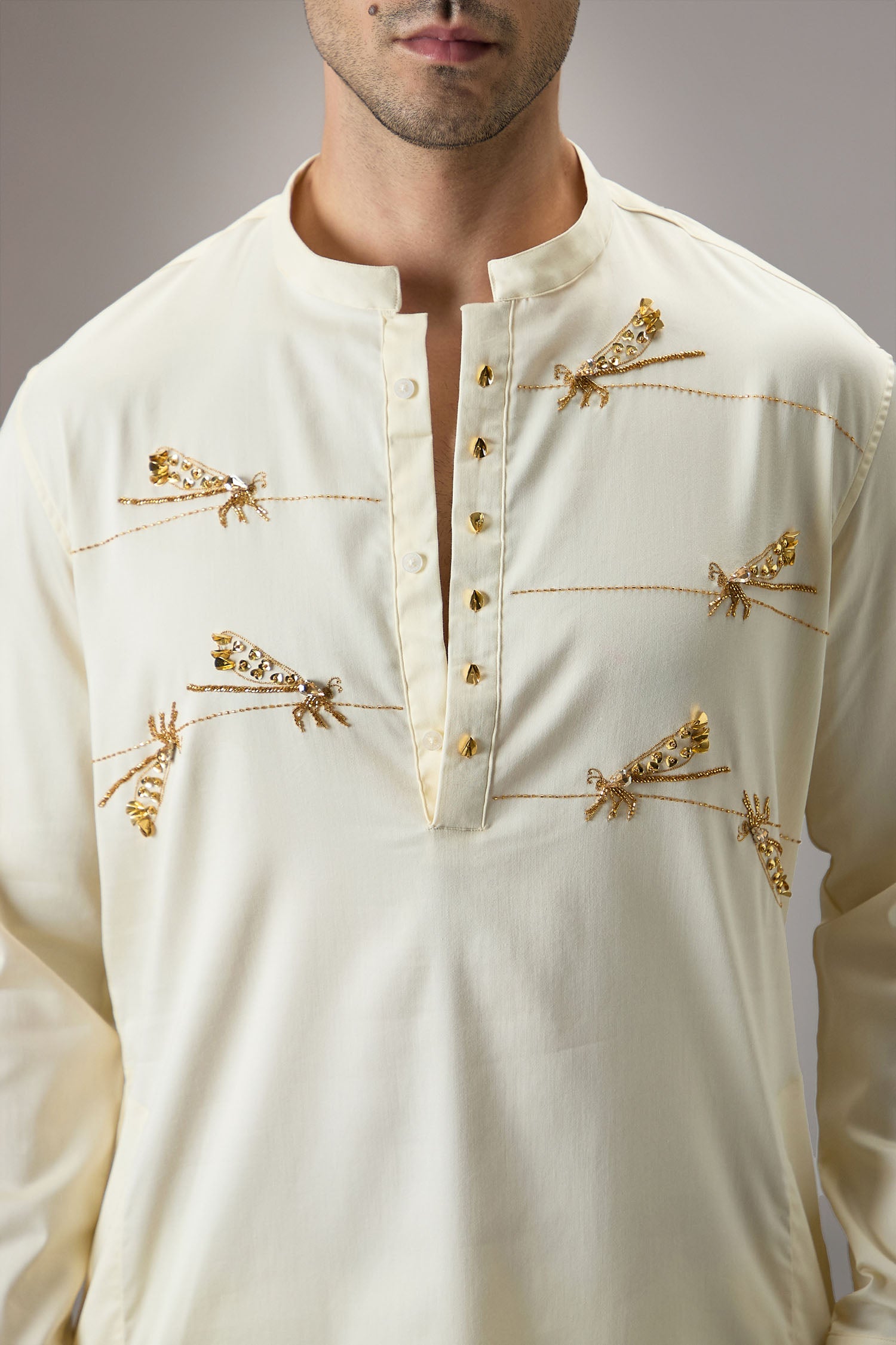 Dameslfly (Dragonfly)-Hand Embroidered Designer Kurta -Ivory