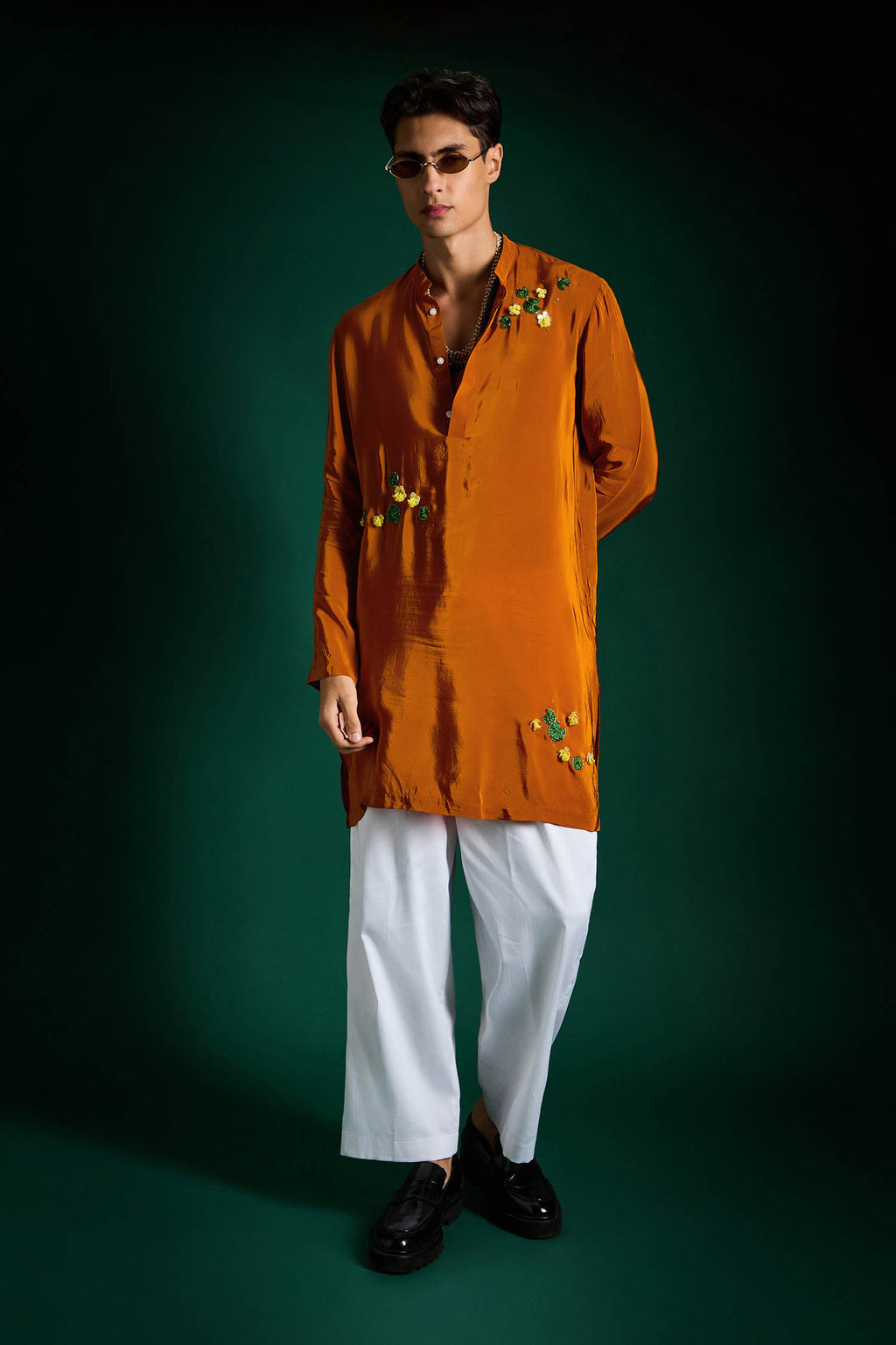 Water Lily Hand Embroidered Designer Kurta - Rust Orange
