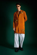 Water Lily Hand Embroidered Designer Kurta - Rust Orange