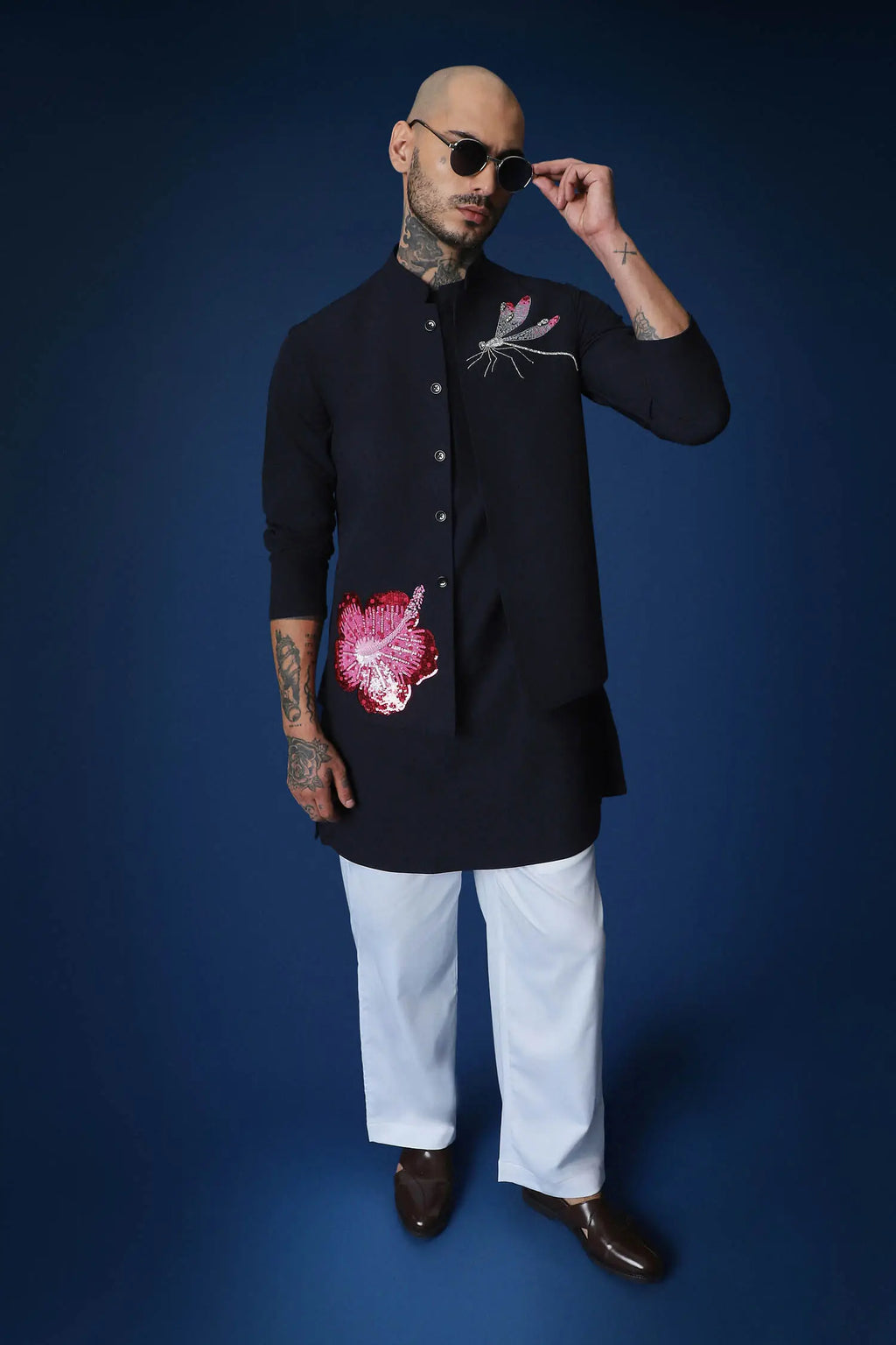 Solstice Hand Embroidered Bundi Set - Navy