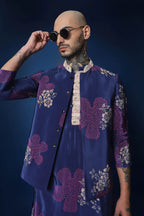 Flower Print Bandhani Hand Embroidered Bundi Set - Blue