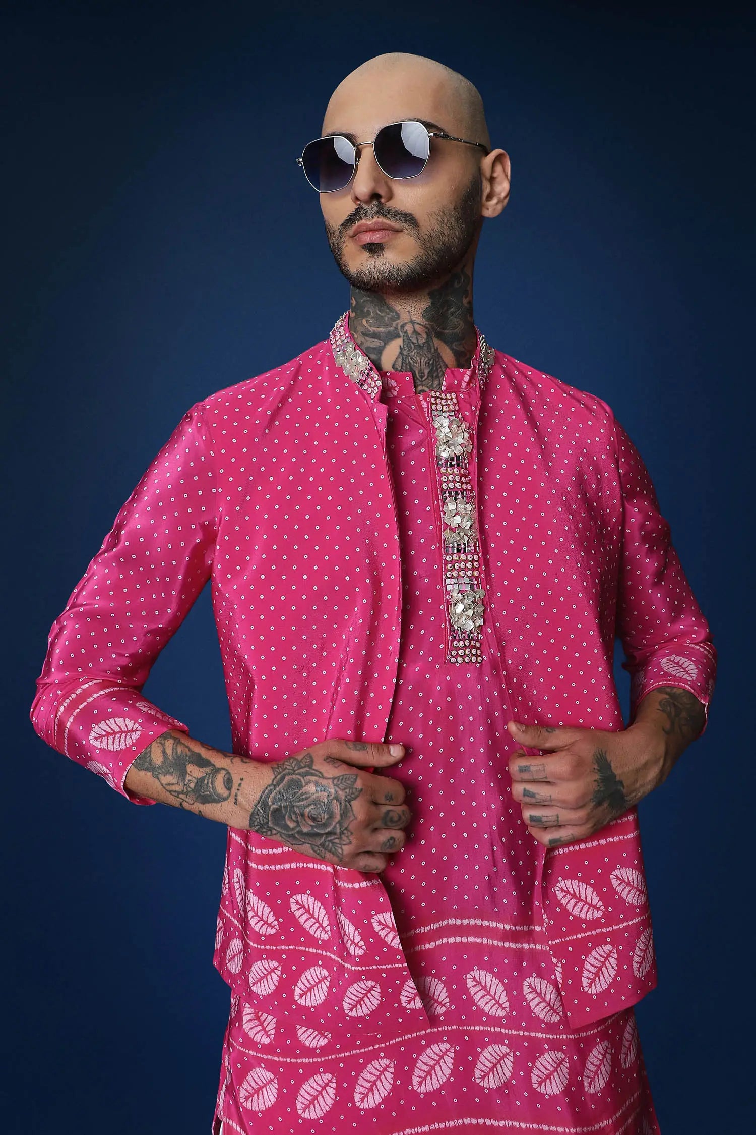 Rai Bandhani Hand Embroidered Bundi Set - Pink