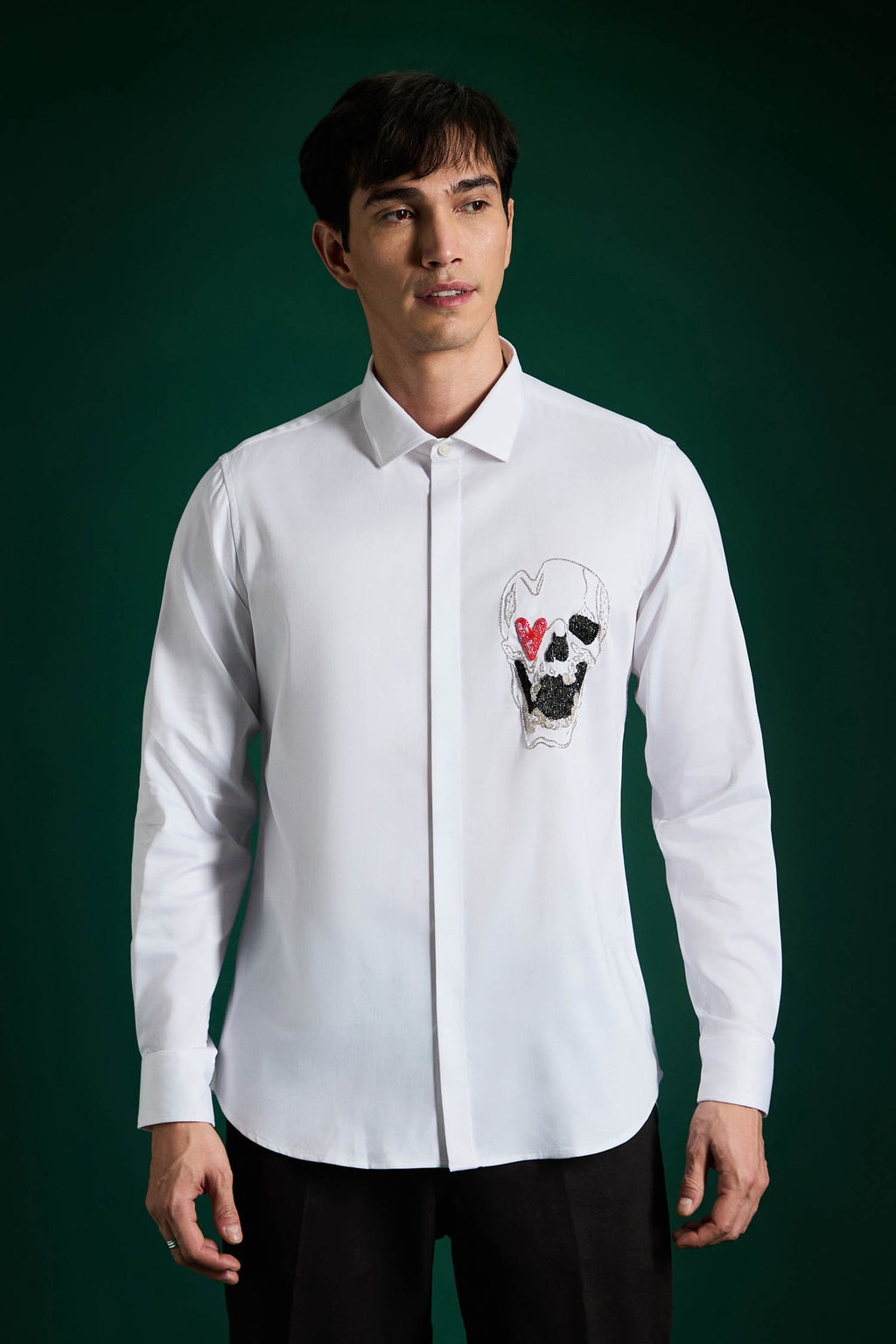 Heart Skull White - Hand Embroidered Designer Shirt