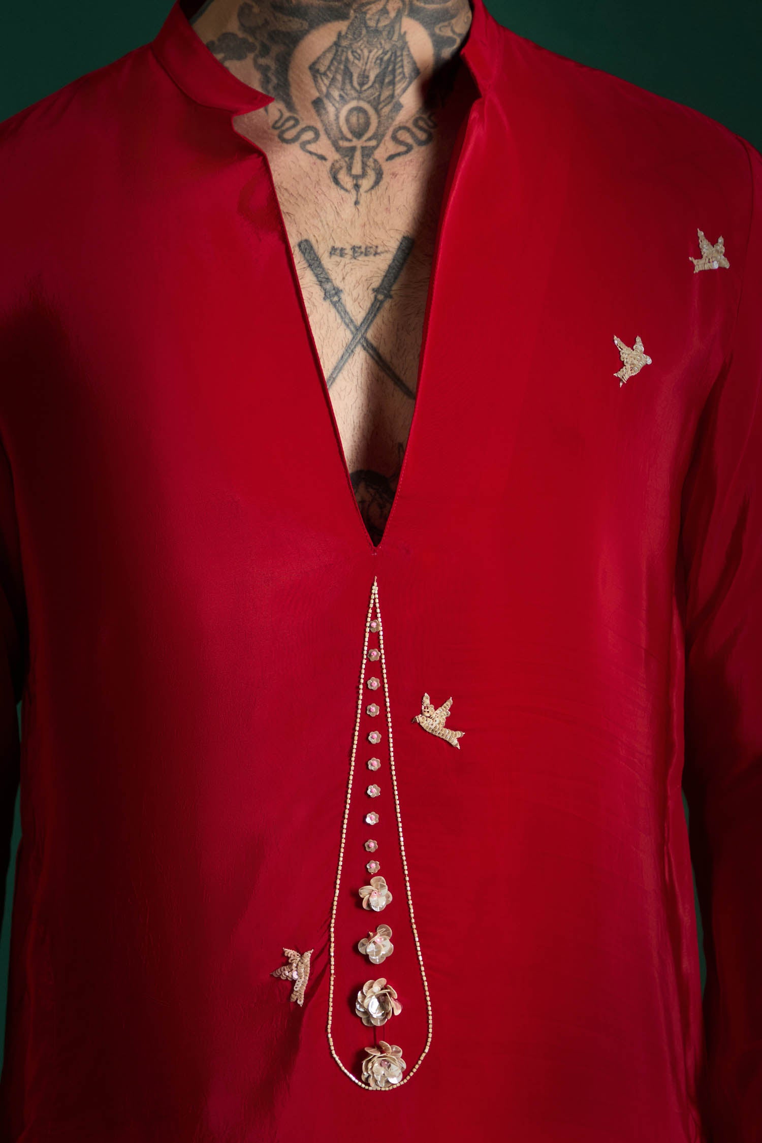 Botanic Hand Embroidered Designer Kurta - Red