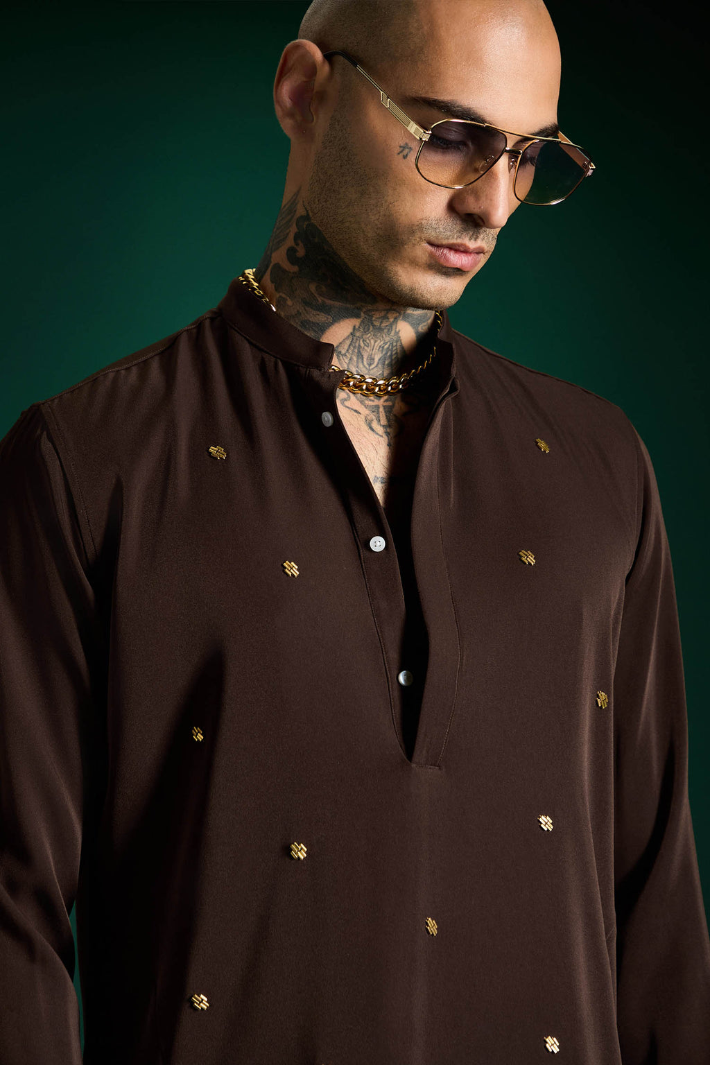 Studded Hand Embroidered Designer Kurta Set - Coffee brown