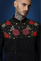 Celestial Rose Hand Embroidered Bandhgala - Black
