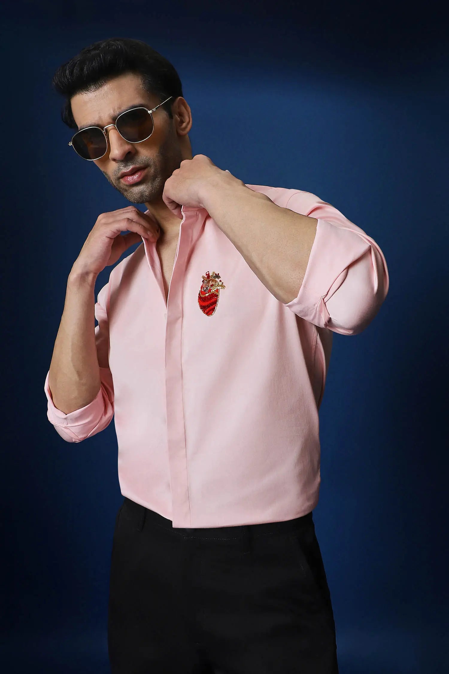 Biological Heart Hand Embroidered Designer Shirt - Baby Pink