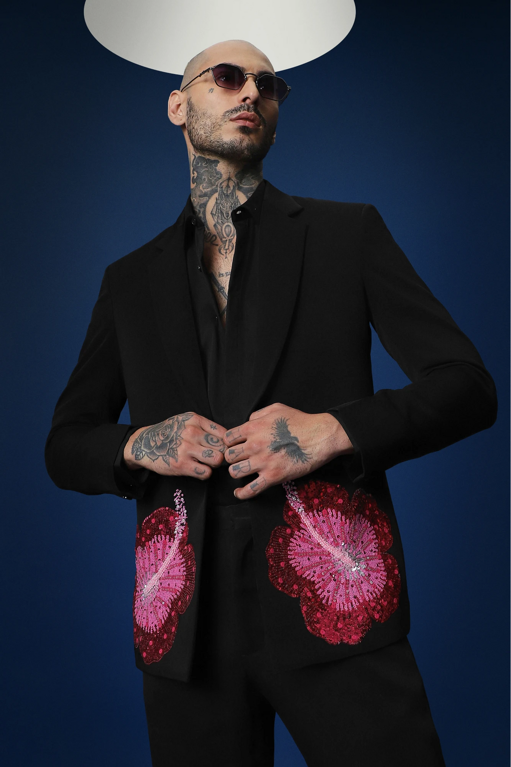 Hibiscus  Hand Embroidered Tuxedo - Black