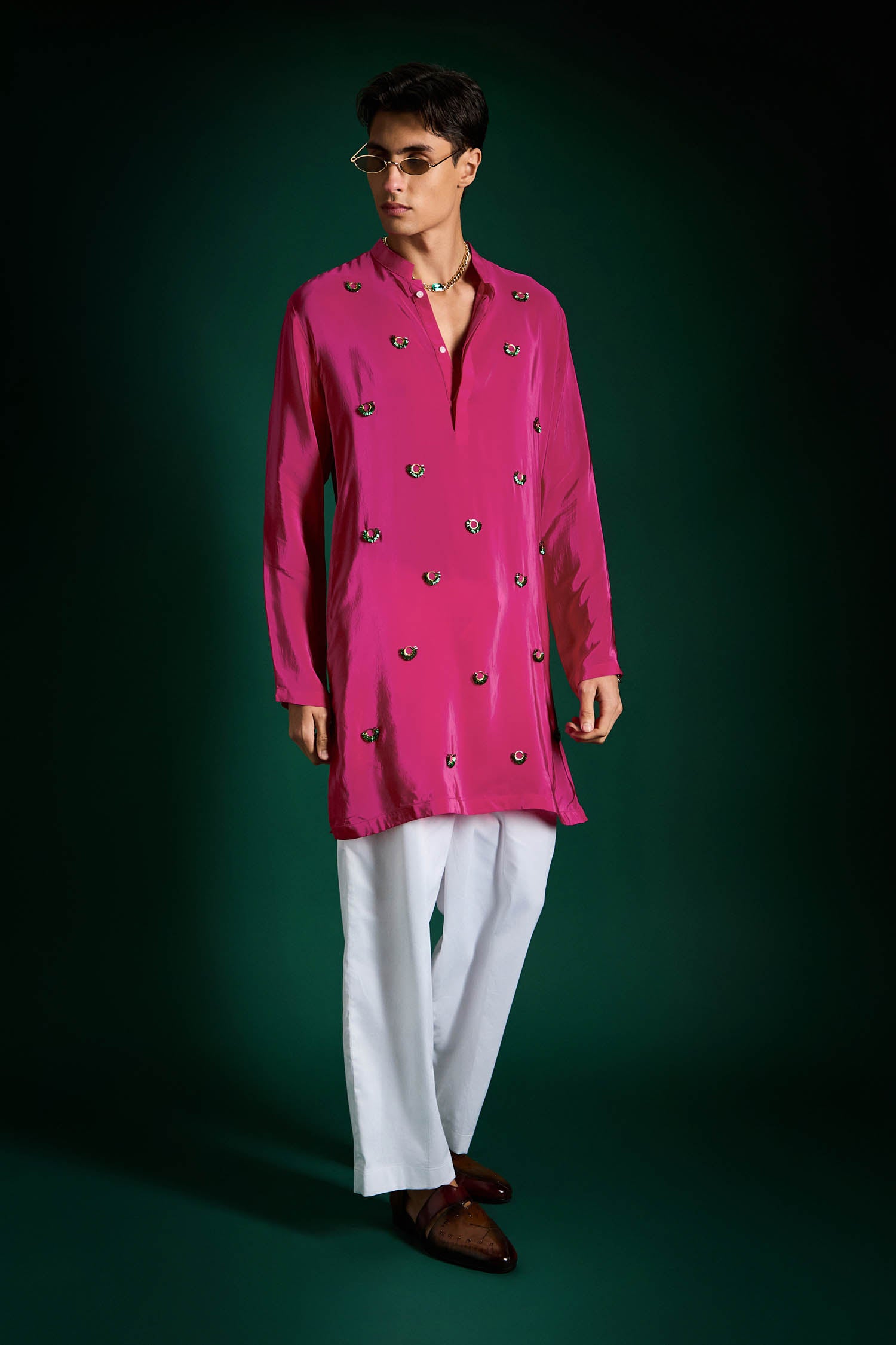 Spiral Hand Embroidered Designer Kurta - Hot PInk