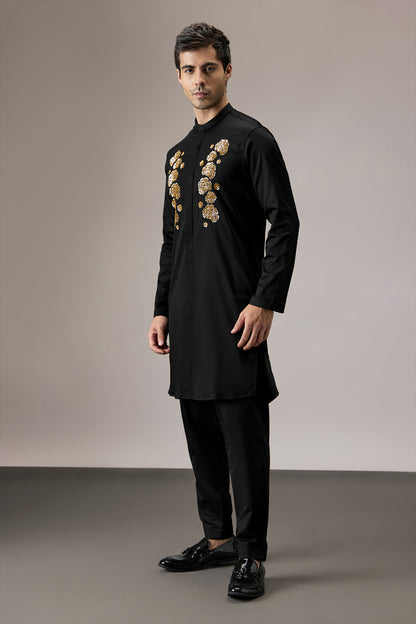 Indan(Floral) - Hand Embroidered Designer Kurta - Black