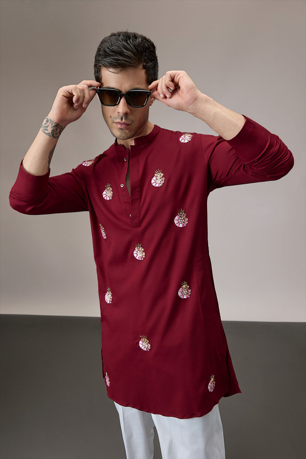 Glint (All Over) - Hand Embroidered Designer Kurta - Burgundy