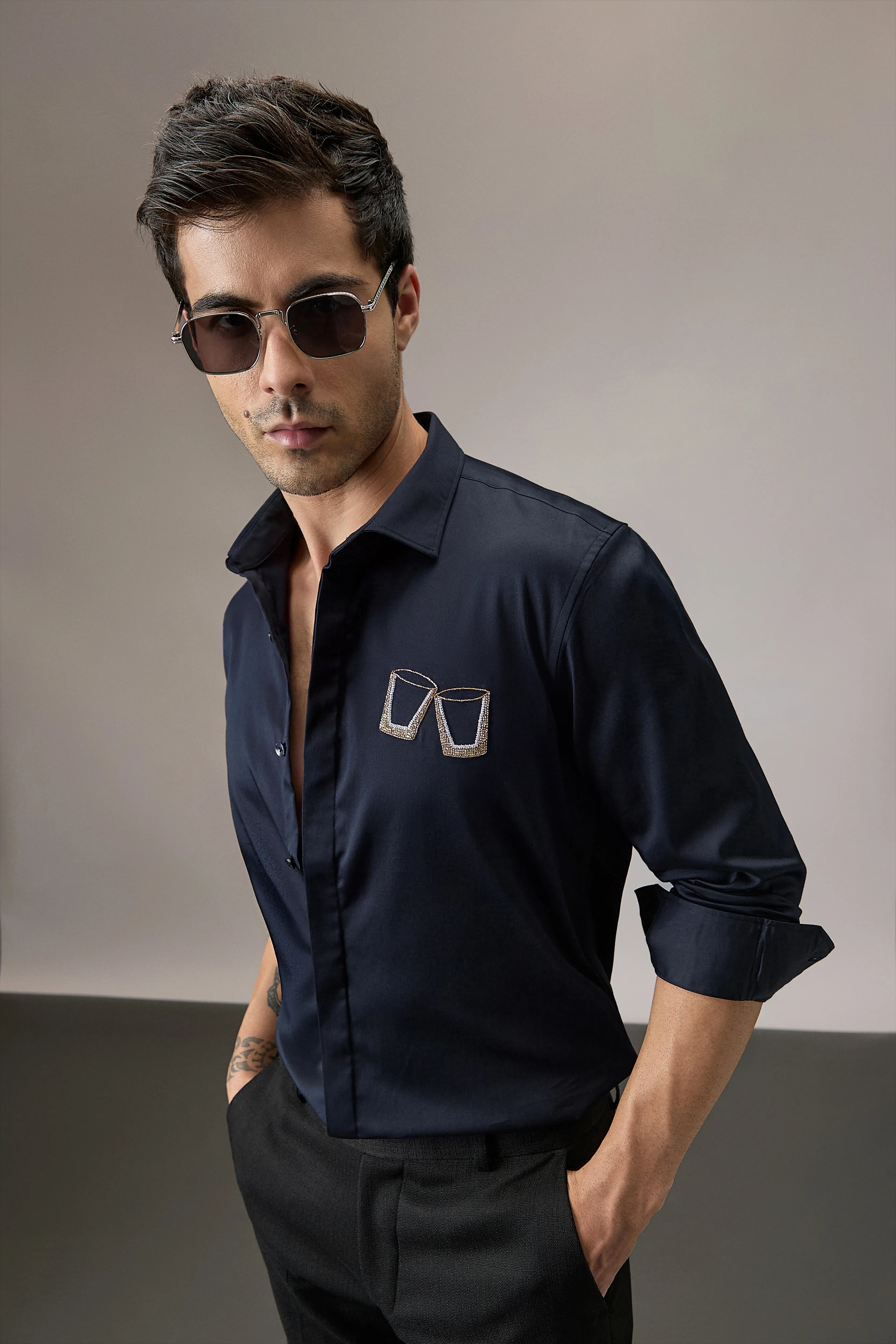 Buy Me Shots - Hand Embroidered Designer Shirt - Navy
