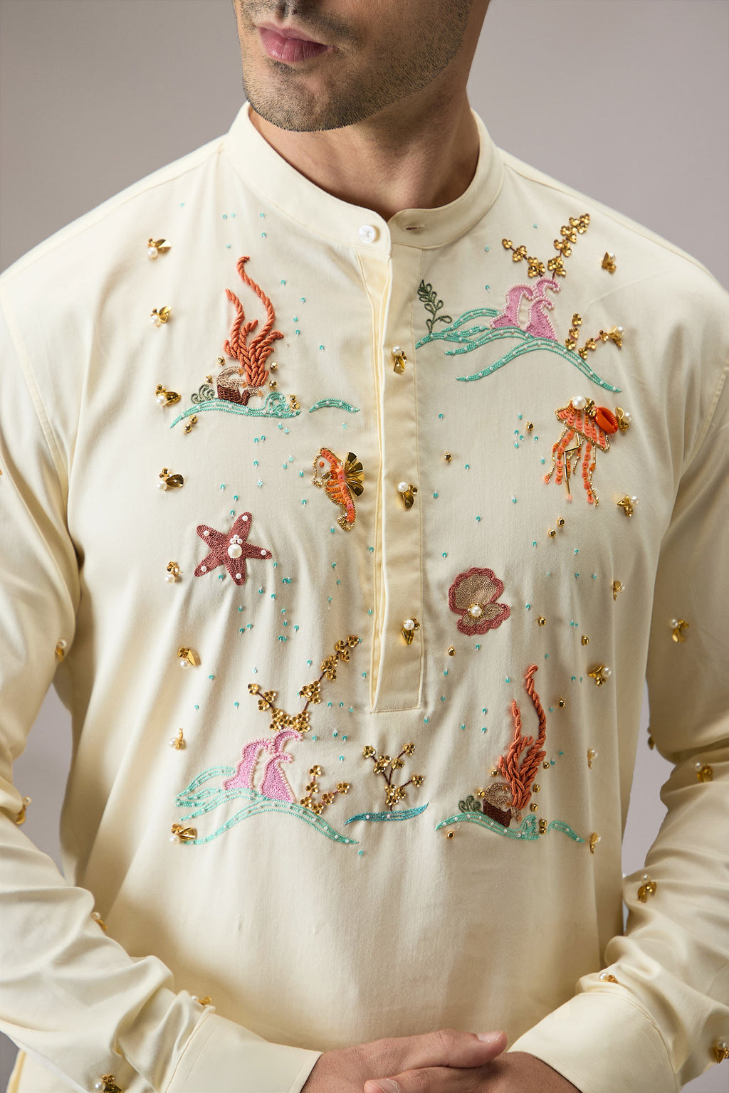 Brine (Ocean) - Hand Embroidered Designer Kurta - IVORY