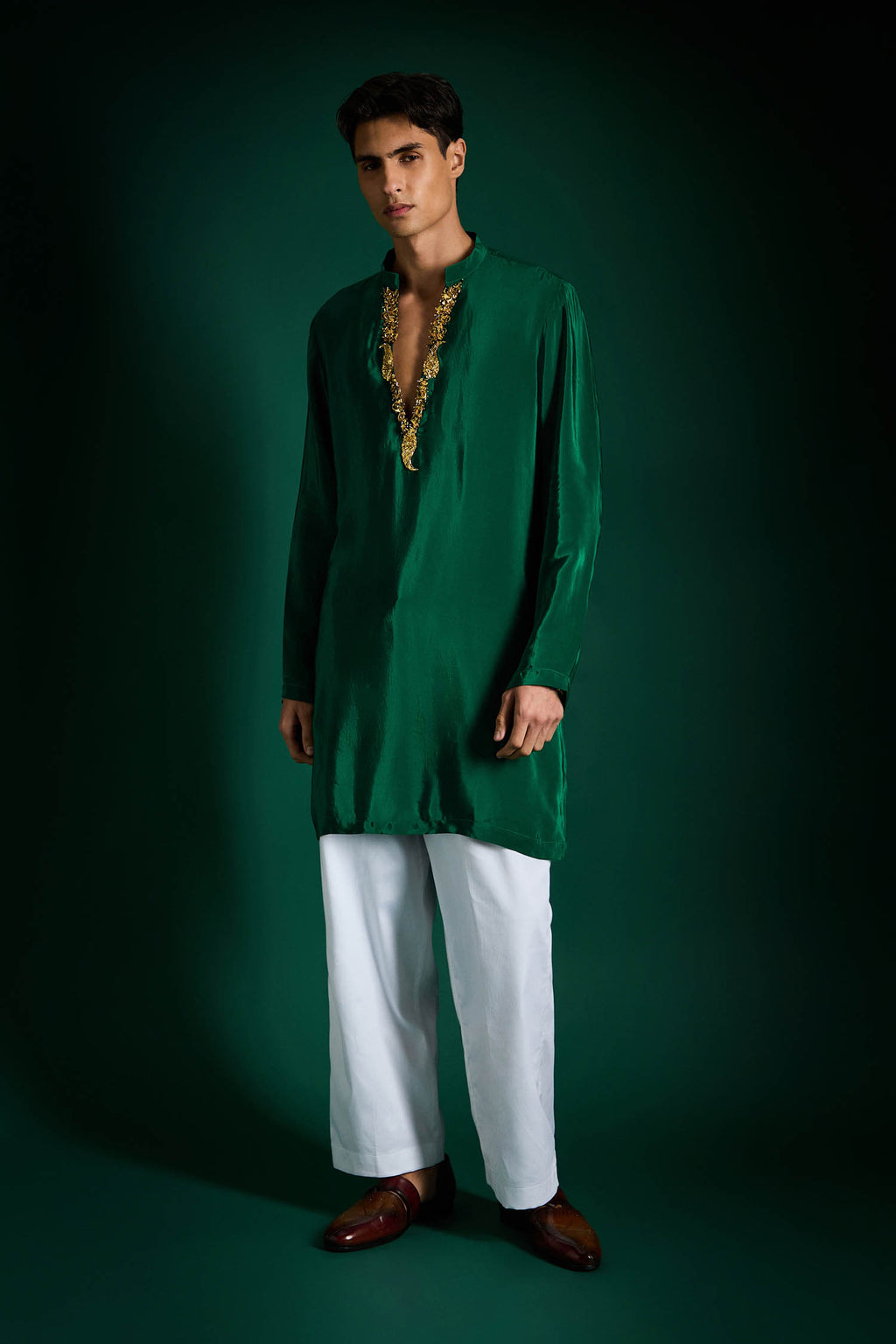 Echo Beads Hand Embroidered Designer Kurta - Bottle Green