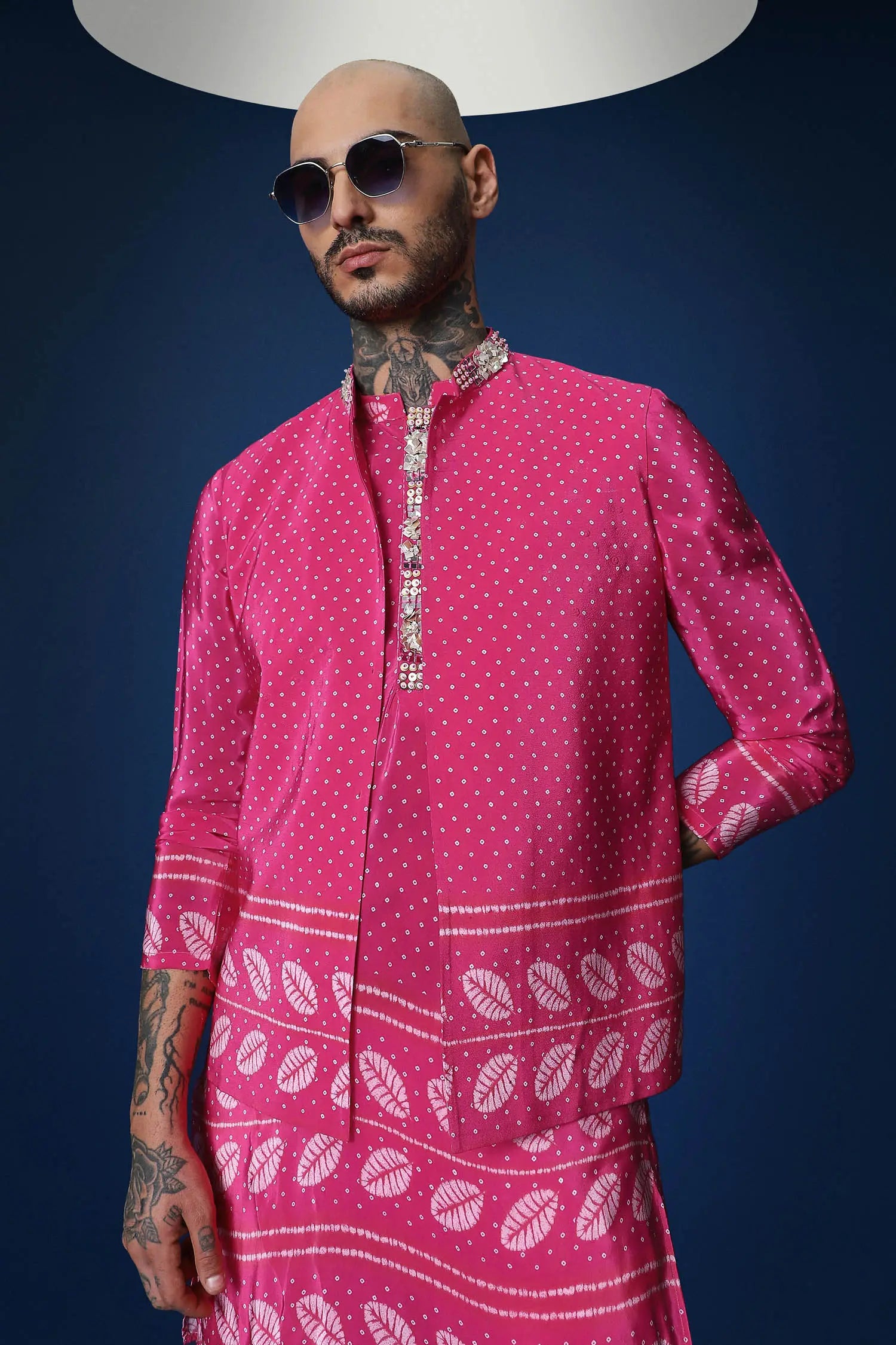 Rai Bandhani Hand Embroidered Bundi Set - Pink