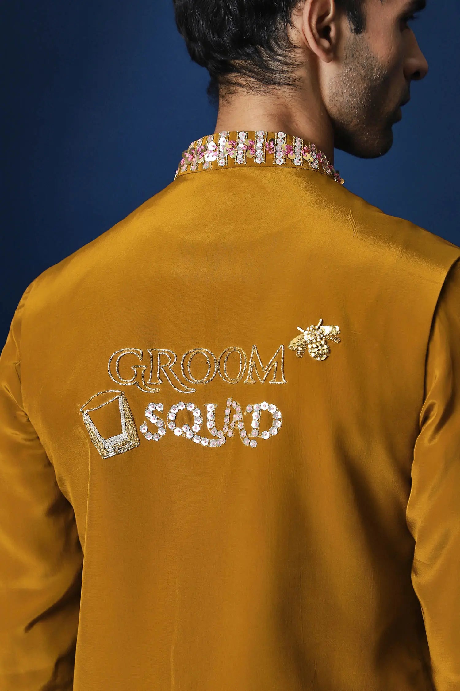 Groom Squad Hand Embroidered Crepe Bundi Set - Mustard