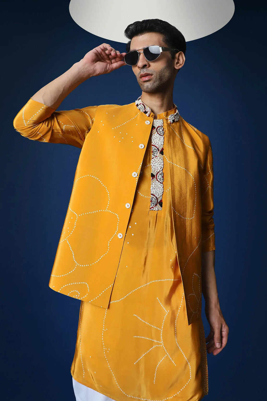 Mustard Doodle Flower Bandhani Bundi Set - Mustard